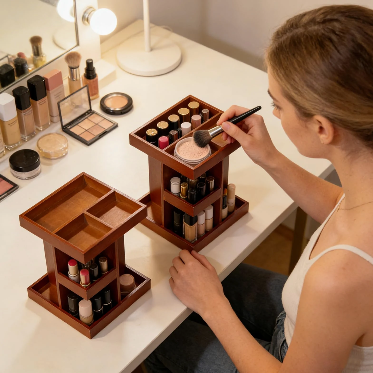 Organizer Trucco Girevole Espositore In Legno Stile Rustico | Organizer Trucco Girevole 360° Da Piano Organizzazione cosmetici, profumi e cura della pelle per bagno, camera e toeletta