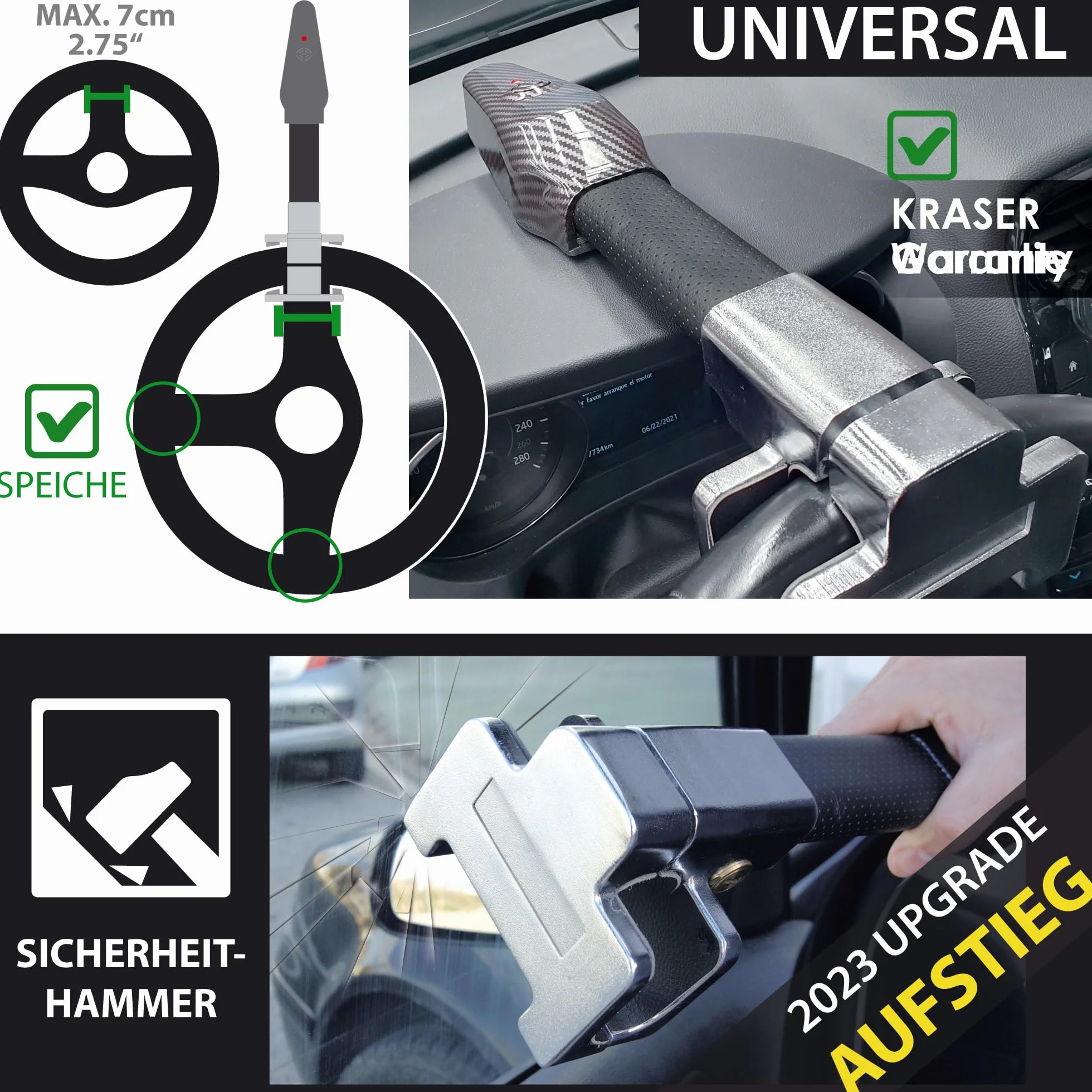 KRASER KR830 Antifurto Auto, Blocca Sterzo con Allarme 120dB, Universale