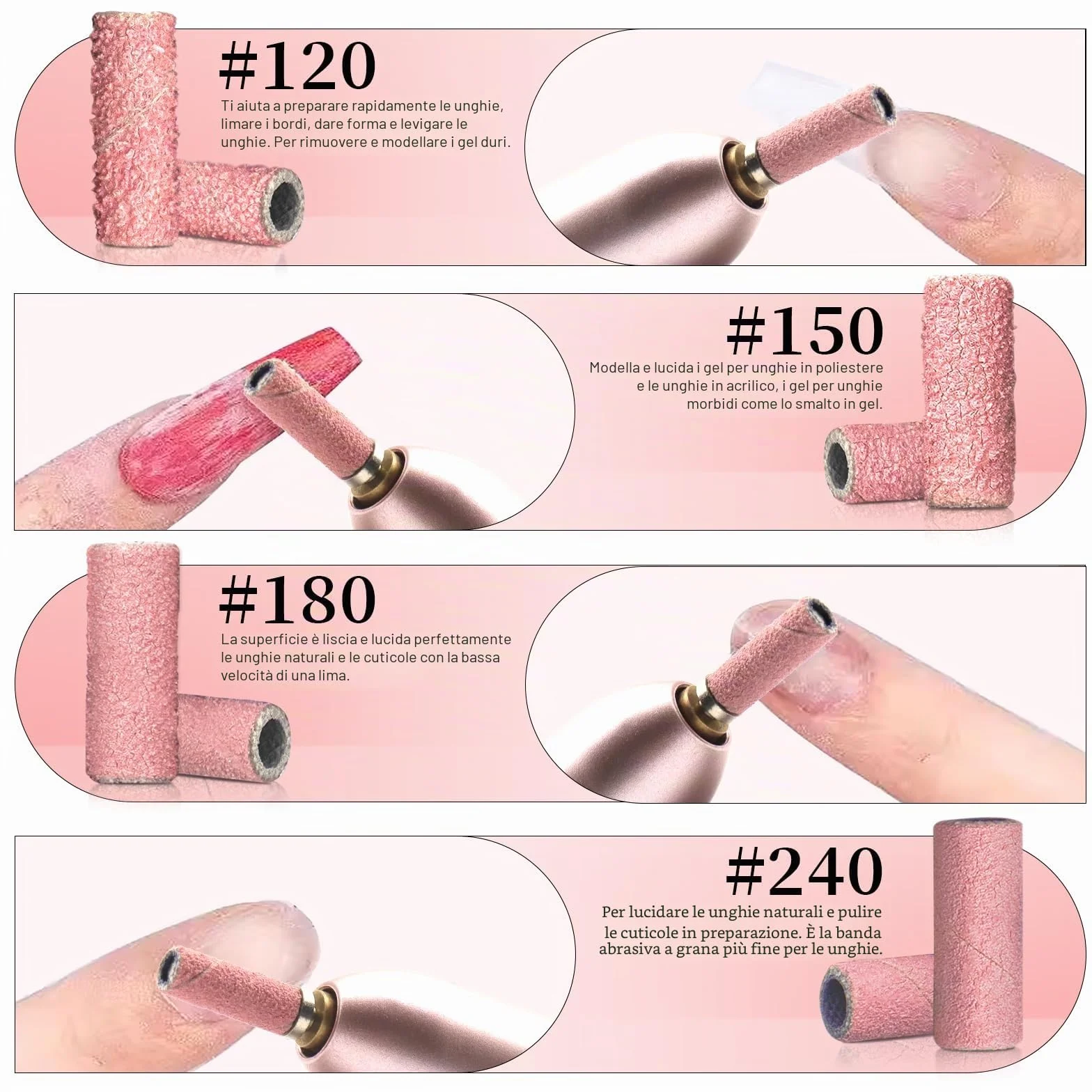Bande abrasive piccole #180 Rosa 3 mm per unghie gel 100 pezzi