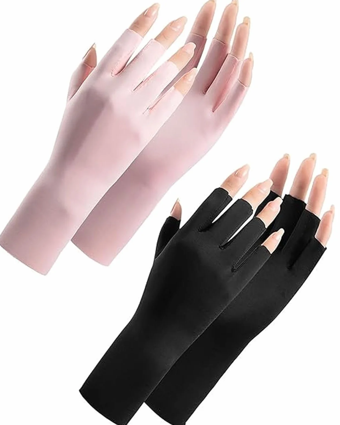 2 Paia Guanti Protezione UV per Manicure Gel,Professionali UPF50+ Protezione UV Guanti Senza Dita,Per Manicure Lampada UV Fitness Ciclismo(Nero,Rosa)