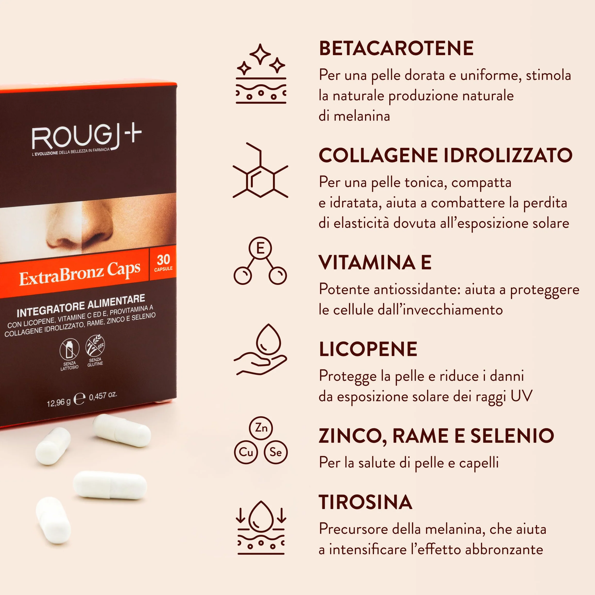 Rougj Capsule Betacarotene per Abbronzatura Forte - Integratori per Abbronzatura con Vitamina A - Integratore Abbronzatura 90 Capsule, una al Giorno ExtraBronz Caps - Made in Italy