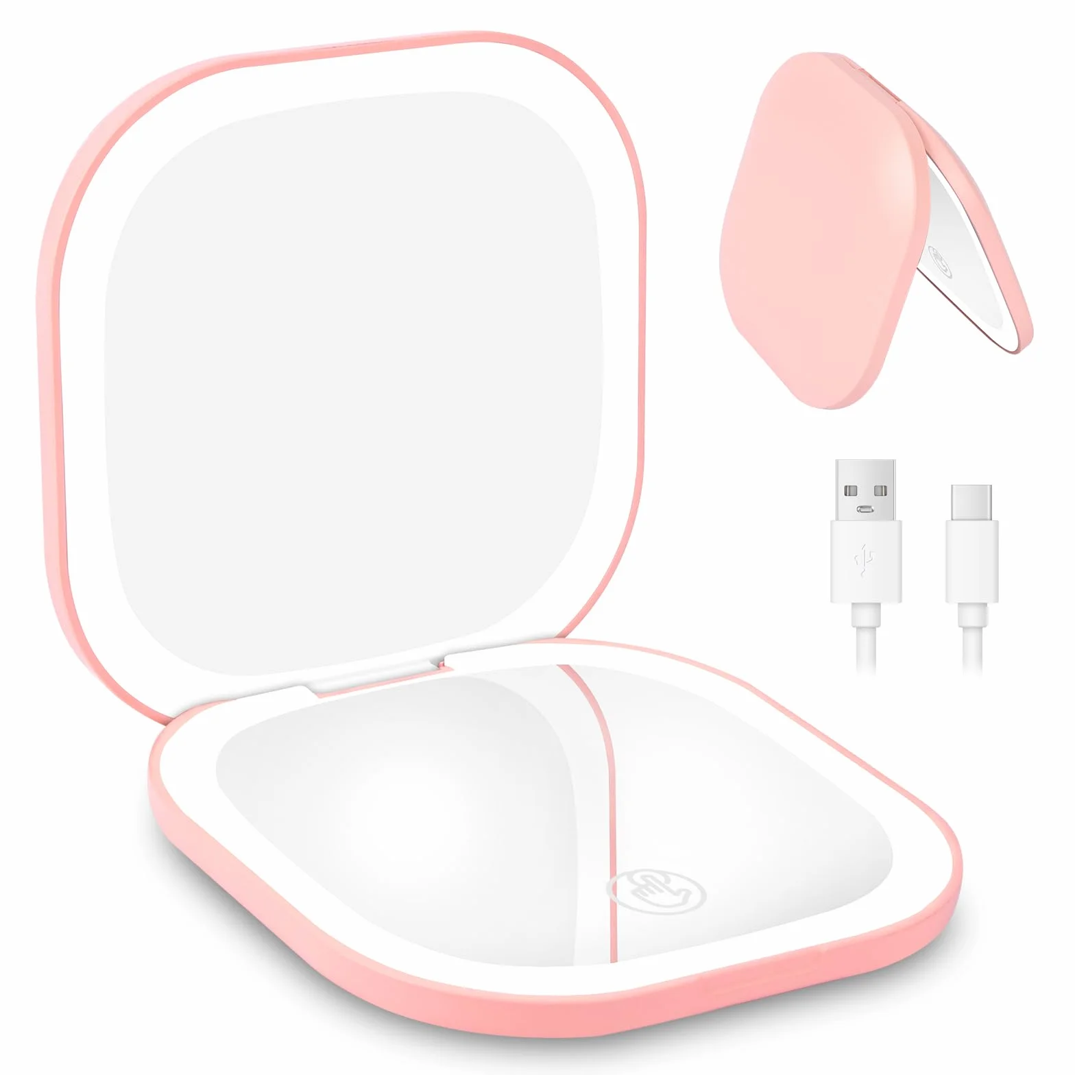 HOTUT Specchio da Trucco con Luce LED, 1X/3X Ingranditore da Viaggio, 3 Colori di Luce, Luminosità Regolabile, USB Ricaricabile, Rosa