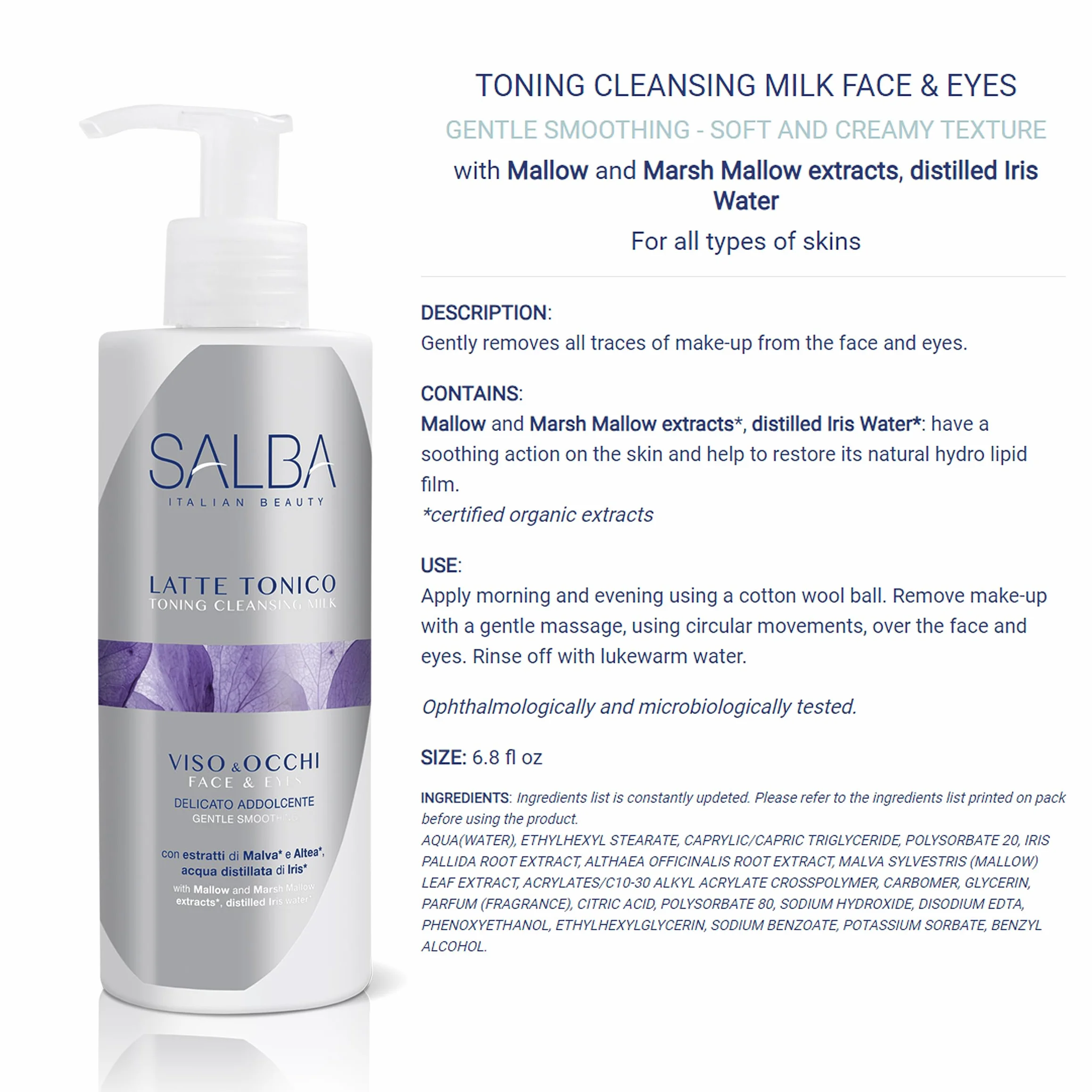 SALBA Latte Tonico Viso & Occhi Detergente Struccante Delicato Addolcente, Texture Soffice e Cremosa, con Estratti di Malva e Altea, Acqua Distillata di Iris, per Tutti i Tipi di Pelle, 200 ml