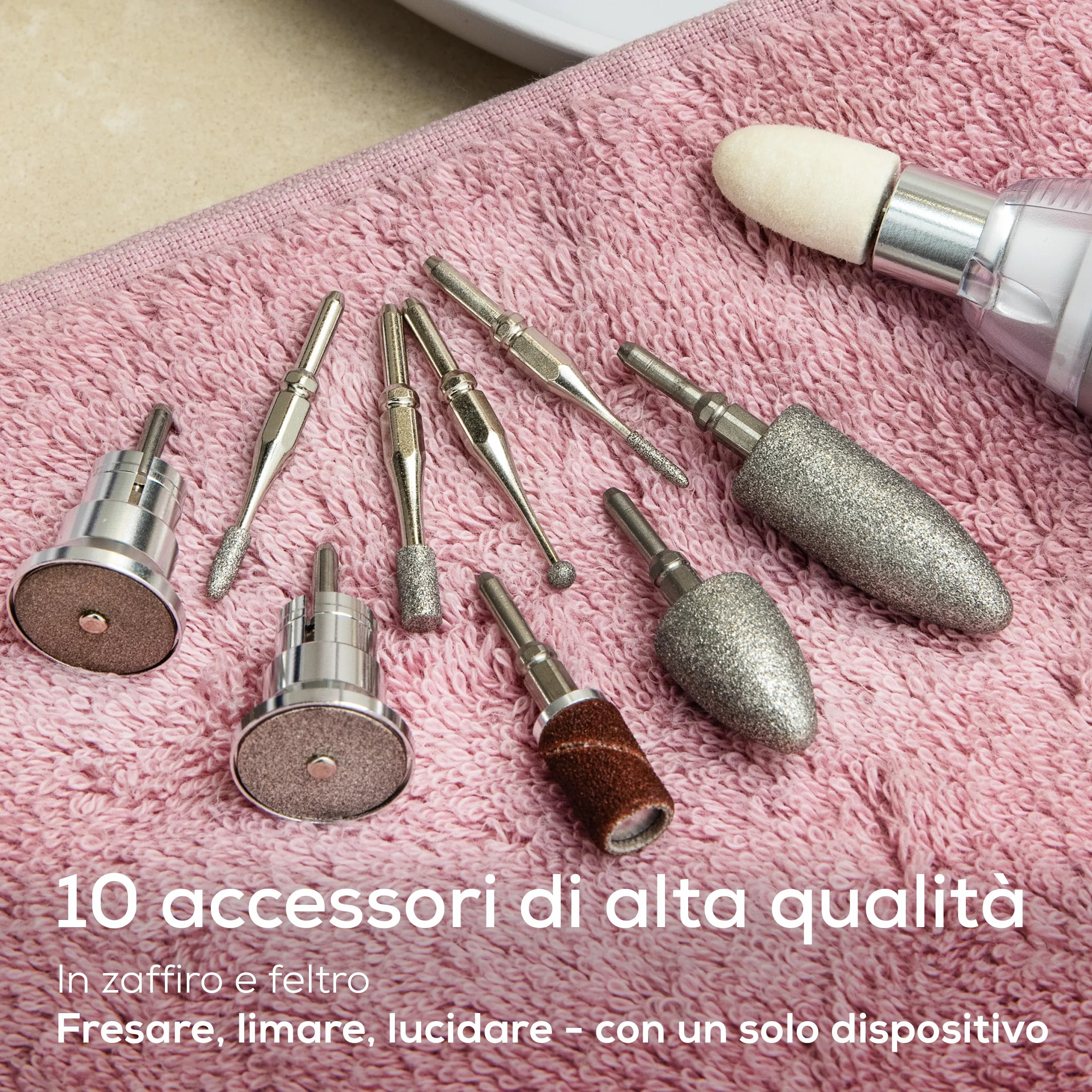 Beurer MP 62 Fresa Professionale Manicure Pedicure 5400 giri/min 10 Accessori Feltro Zaffiro Luce LED Velocità Regolabile Custodia Bianco
