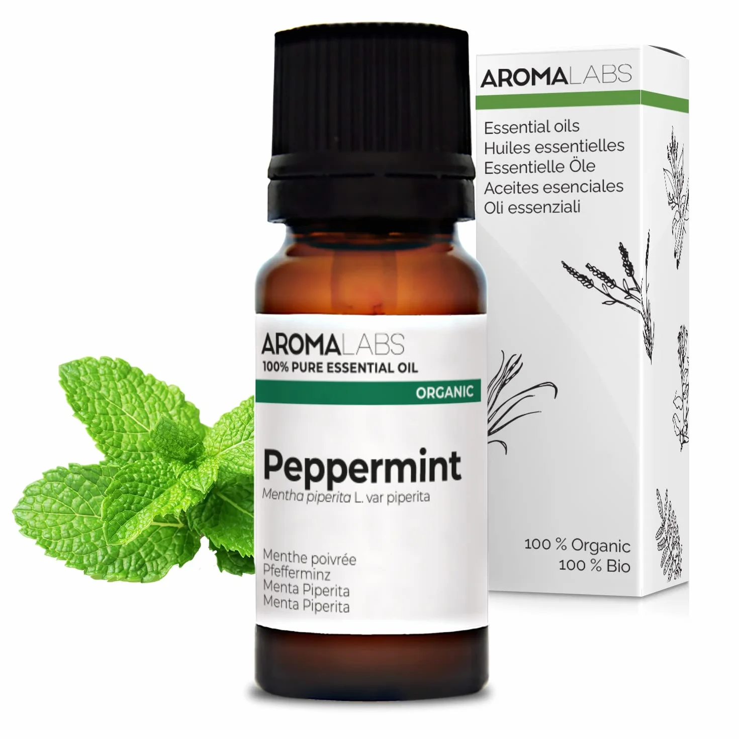 Menta Piperita BIO (Mentha x piperita) - 10 mL - Olio Essenziale Chemiotipizzato e Certificato AB - Digestione - Aroma Labs - Made in France