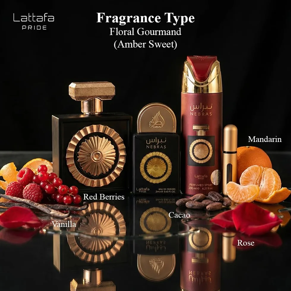 Lattafa Pride Nebras - Set regalo di lusso per uomo e donna, bacche gourmand e cioccolato, lampone, cacao fondente e vaniglia succosa, profumi benefici lunghi