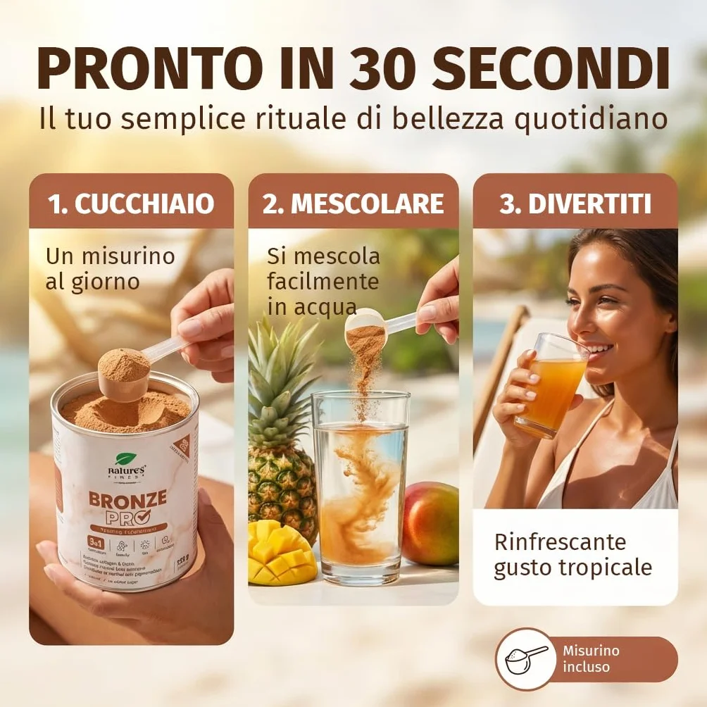 Nature's Finest Bronze PRO - Integratore Solare con Betacarotene Ultra Attivo - Abbronzante da Bere per Corpo e Viso - Acceleratore Naturale, Autoabbronzante, Protezione Solare - 125 g