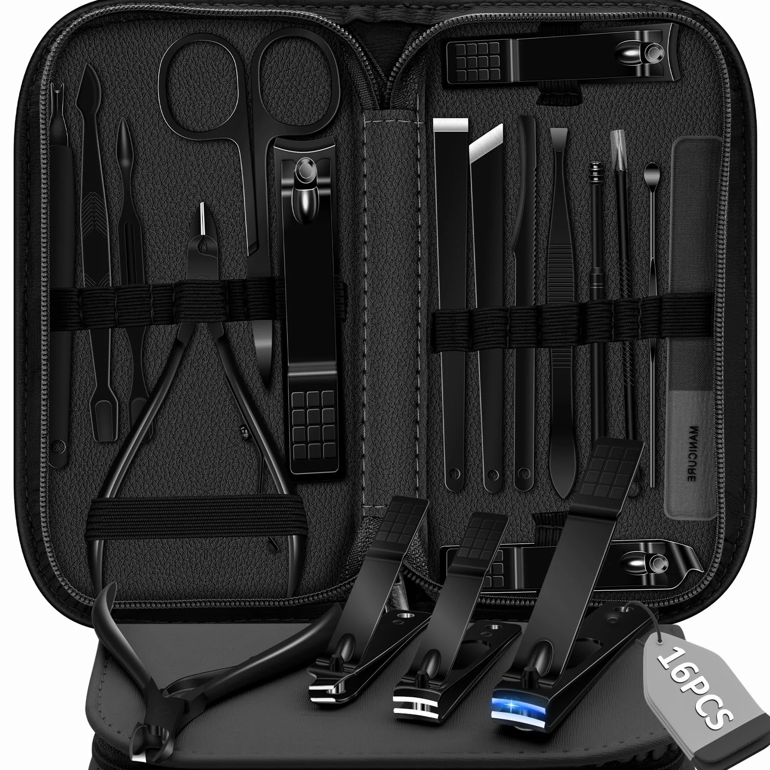 Set Manicure Kit Pedicure 16 Pezzi Acciaio Inox Strumenti Professionali Cura Unghie Custodia Pelle Viaggio Nero