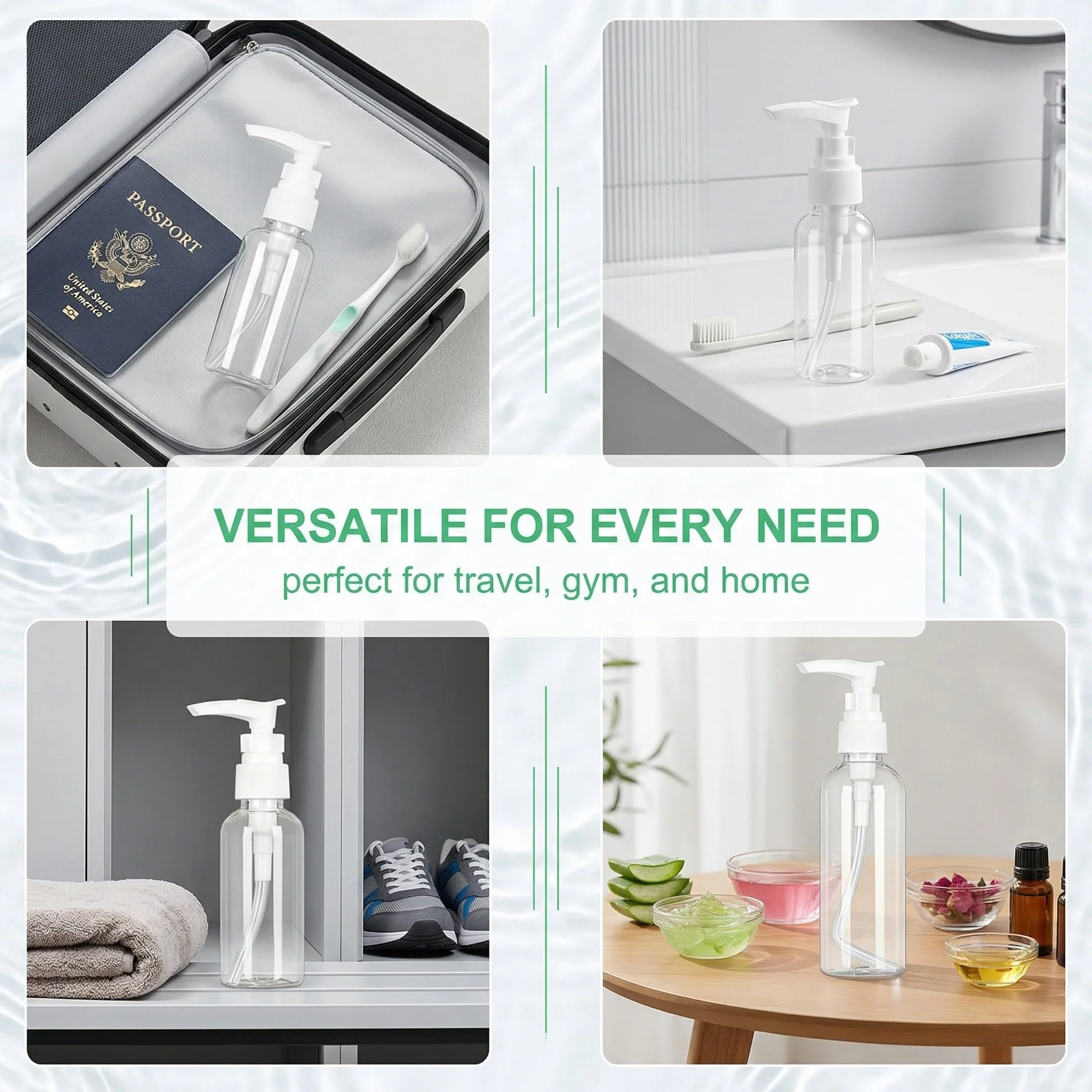 4 Pezzi dispenser per crema, 30ml, 50 ml, 80 ml, 100 ml, Trasparente enza senz'aria Flaconi da Viaggio, Boccette Contenitori Ricaricabile Con 3 imbuti, per Cosmetici, Lozione, Bagno, Shampoo Liquidi