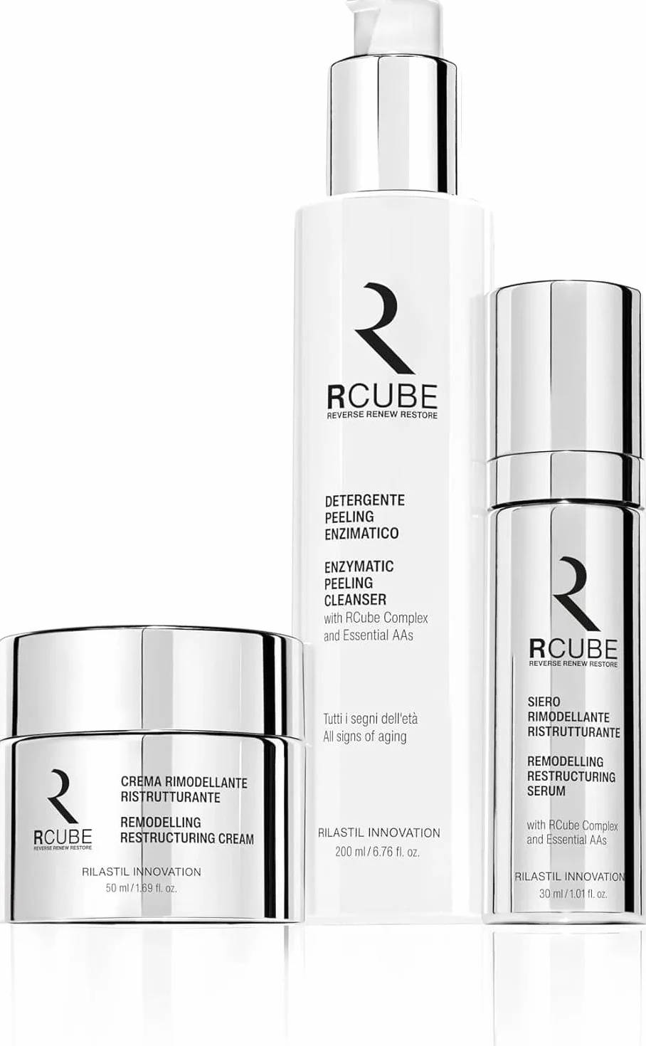 Rilastil RCube Detergente Peeling Enzimatico Viso con RCube Complex e Aminoacidi, Antietà, Promuove il Rinnovamento Cellulare, 200 ml