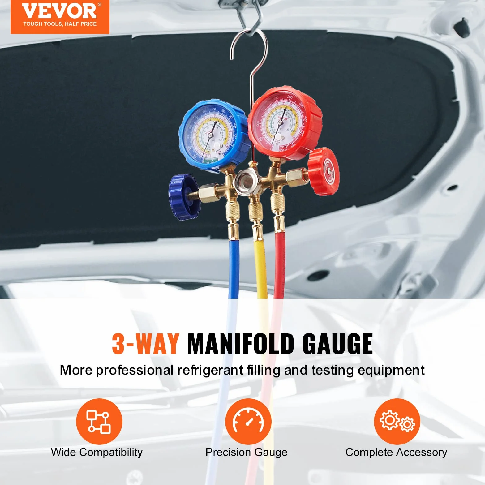 VEVOR Set Manometro Refrigeranti 3 Vie R134A R22 R12 R502 Aria Condizionata Auto AC Collettore Valigetta 28,4 x 25 x 8,9 cm