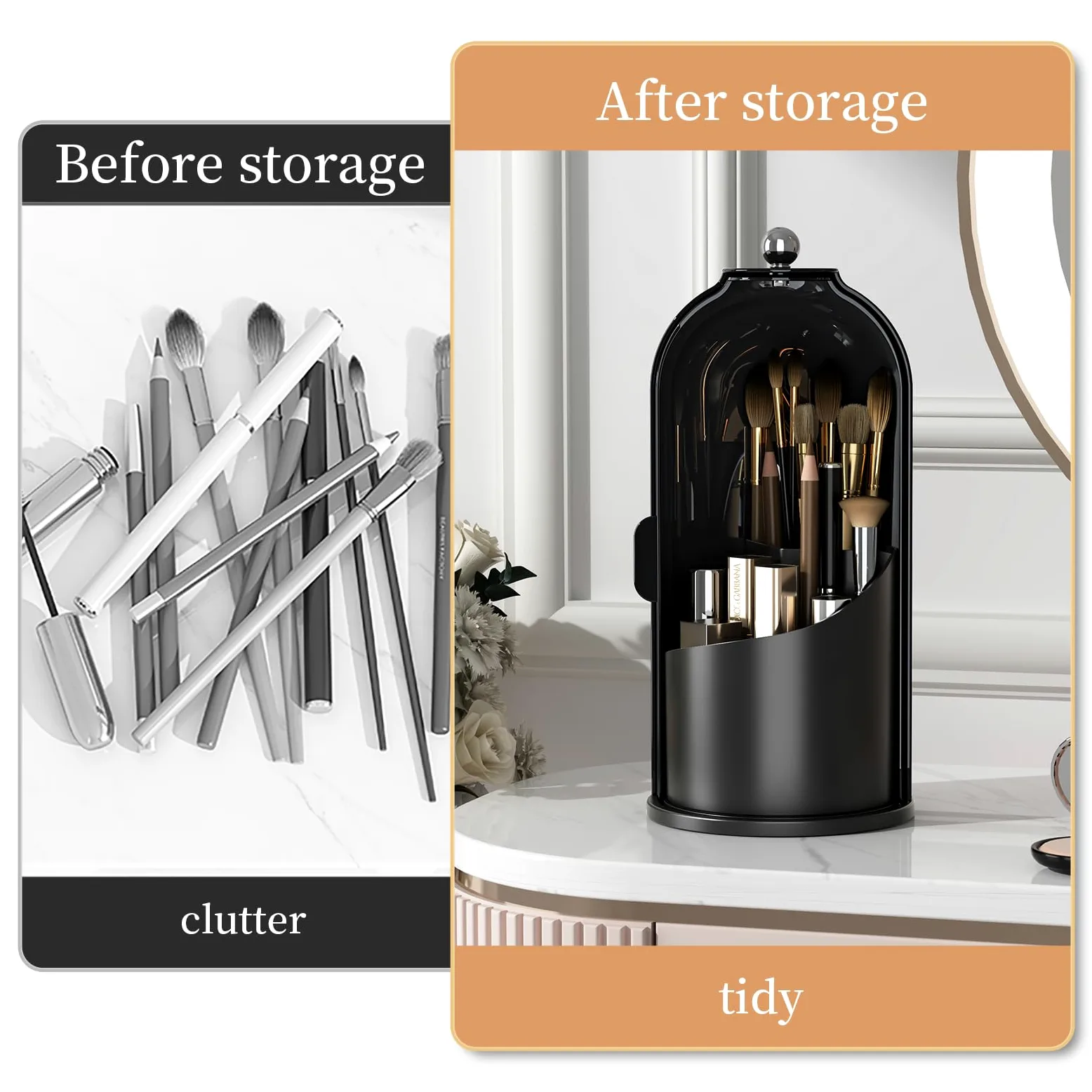 Porta pennelli da Trucco con Coperchio, Girevole a 360°, Organizer per Cosmetici da appoggio, Antipolvere, per Bagno, Trasparente (Nero Scuro)