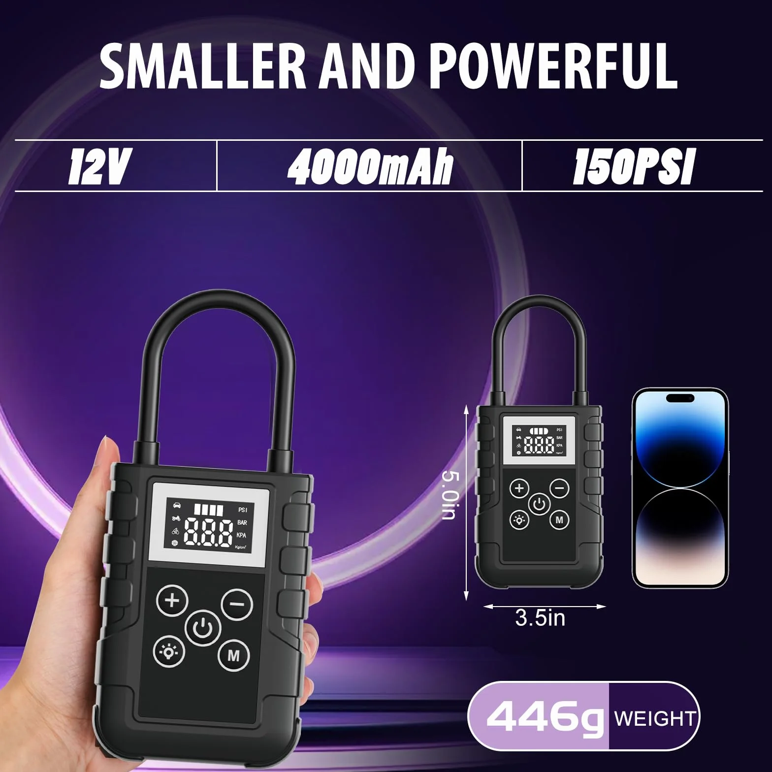Mini Compressore D'Aria Portatile Auto, YOYOPOW Pompa Elettrica 150PSI per Bicicletta, Gonfia Elettrico per Palloncini con Schermo LCD Digitale e Torcia LED per Vetture/Bici/Moto/Scooter/Pallone