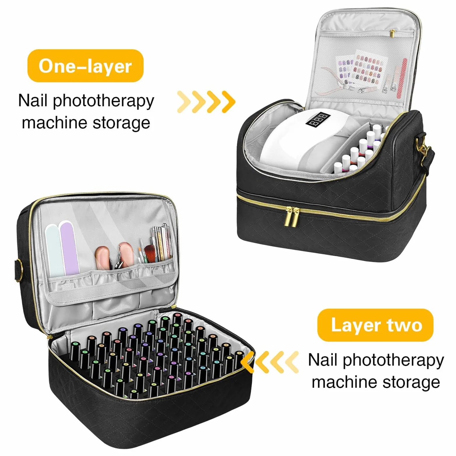 Organizer per smalto gel, borsa da viaggio per smalto per unghie | a doppio strato, contiene 60 bottiglie e asciugatrice, contenitore per oggetti e strumenti per manicure, robusto e compatto,