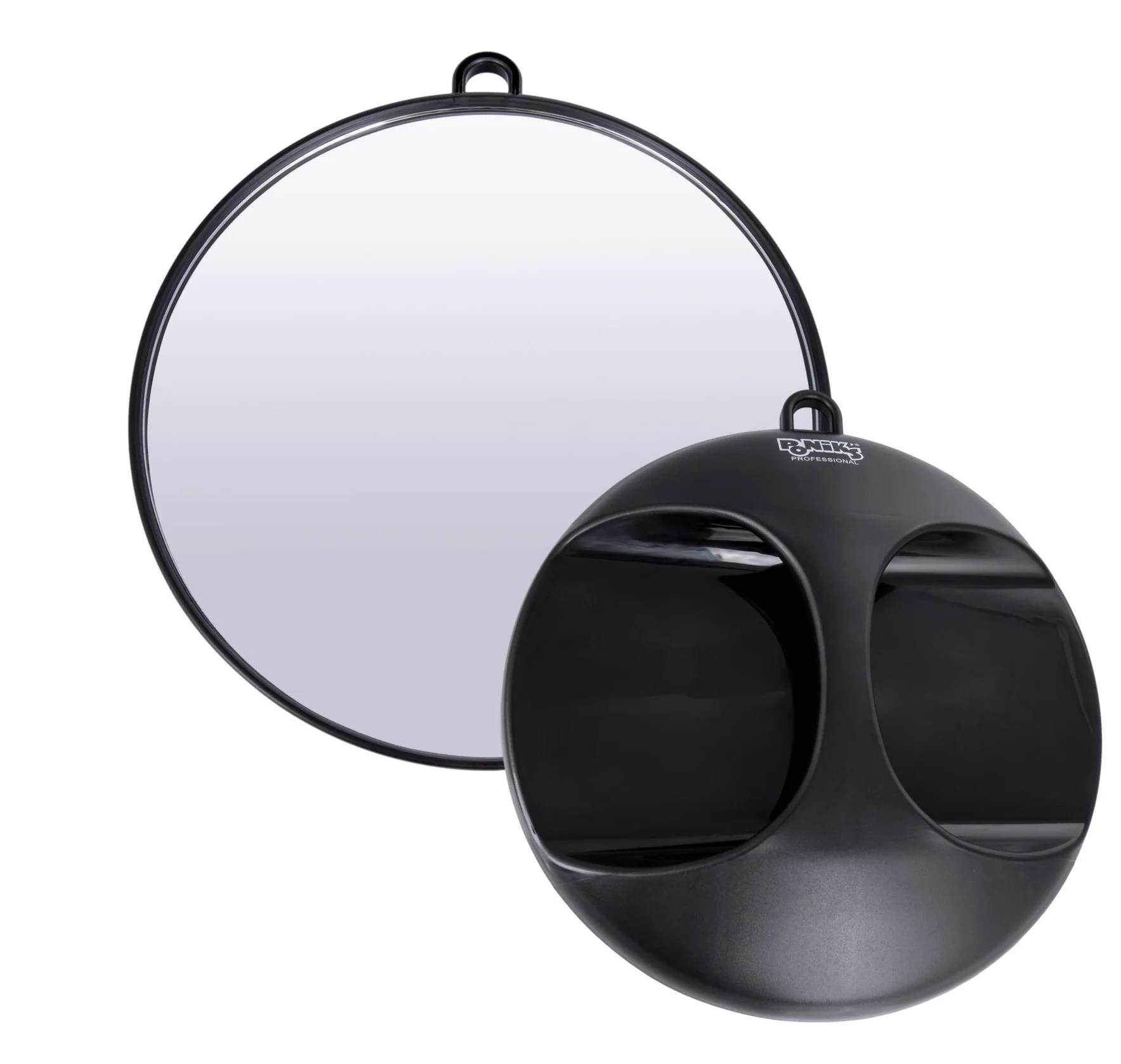 PONIK'S PROFESSIONAL - Specchio da parrucchiere portatile nero professionale per parrucchiere da salone, 28 cm, rotondo