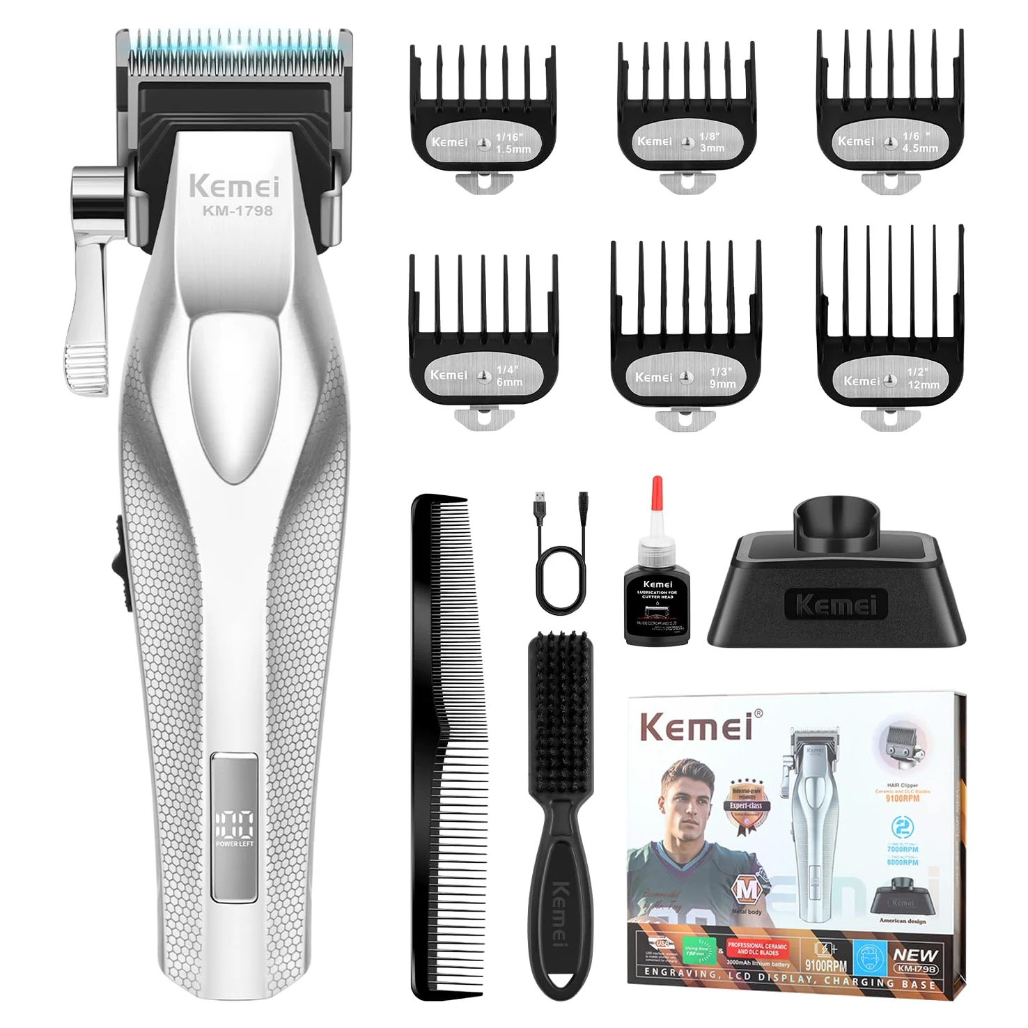 KEMEI Trimmer KM-1798 - Tagliacapelli da uomo | Regolabarba senza fili, tagliacapelli da barbiere con USB ricaricabile, tagliacapelli, dissolvenza, regalo per uomini