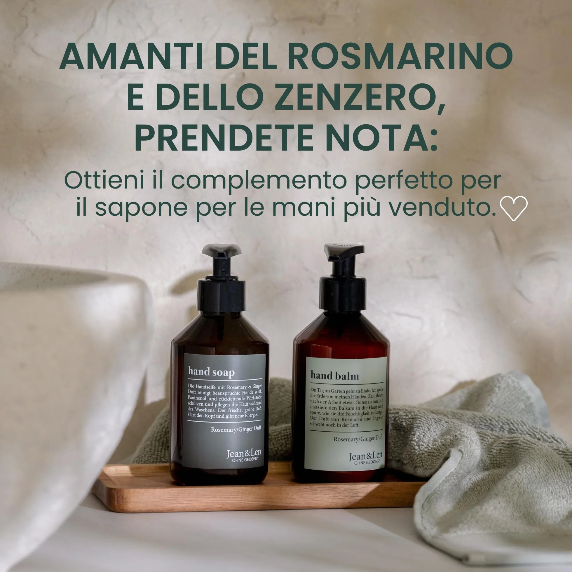 Jean & Len Balsamo Mani Rosmarino & Zenzero, con olio di argan bio, burro di karité e vitamina E per mani morbide, crema idratante per pelle secca, profumo fresco e aromatico, 250 ml