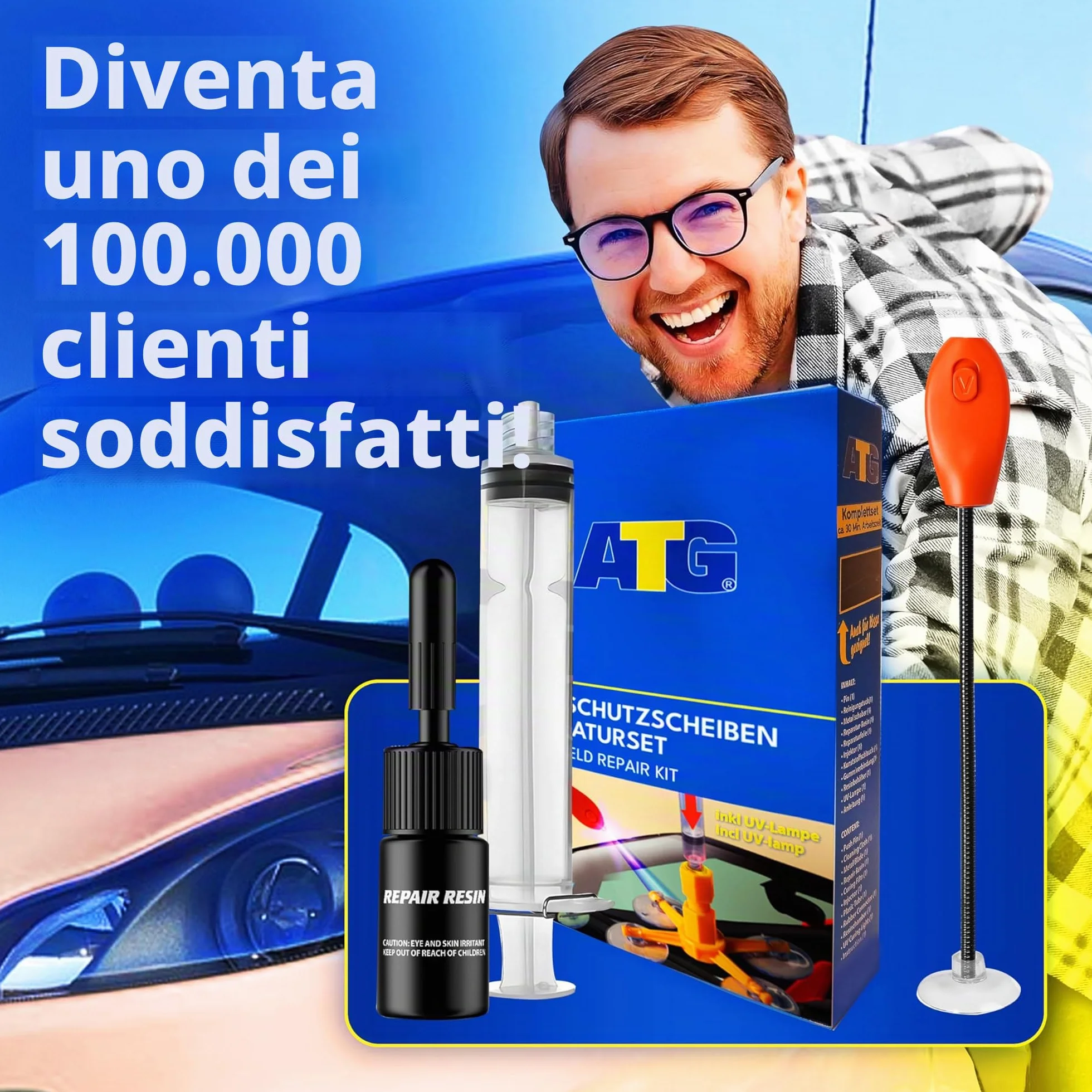 ATG® Kit riparazione parabrezza auto con lampada UV – Resina polimerizzazione rapida