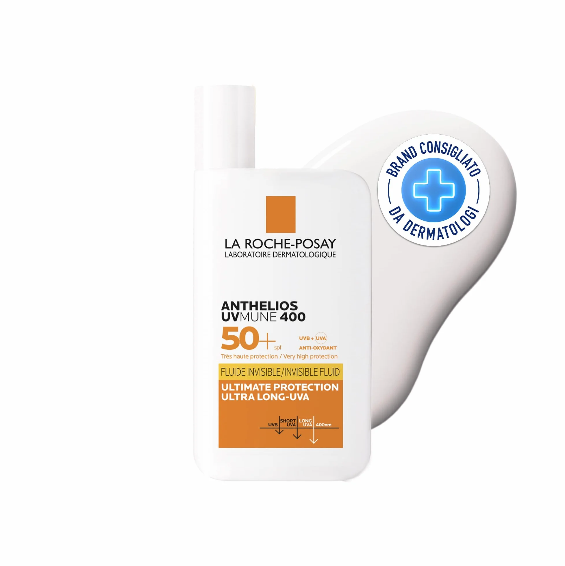 La Roche Posay Anthelios UVmune 400, Fluido Invisibile SPF50+, Per Tutti i Tipi di Pelle, Protezione Estrema Anti-UVA Ultra Lunghi, Resistente ad Acqua, Sabbia e Sudore, Con Acqua Termale, 50 ml