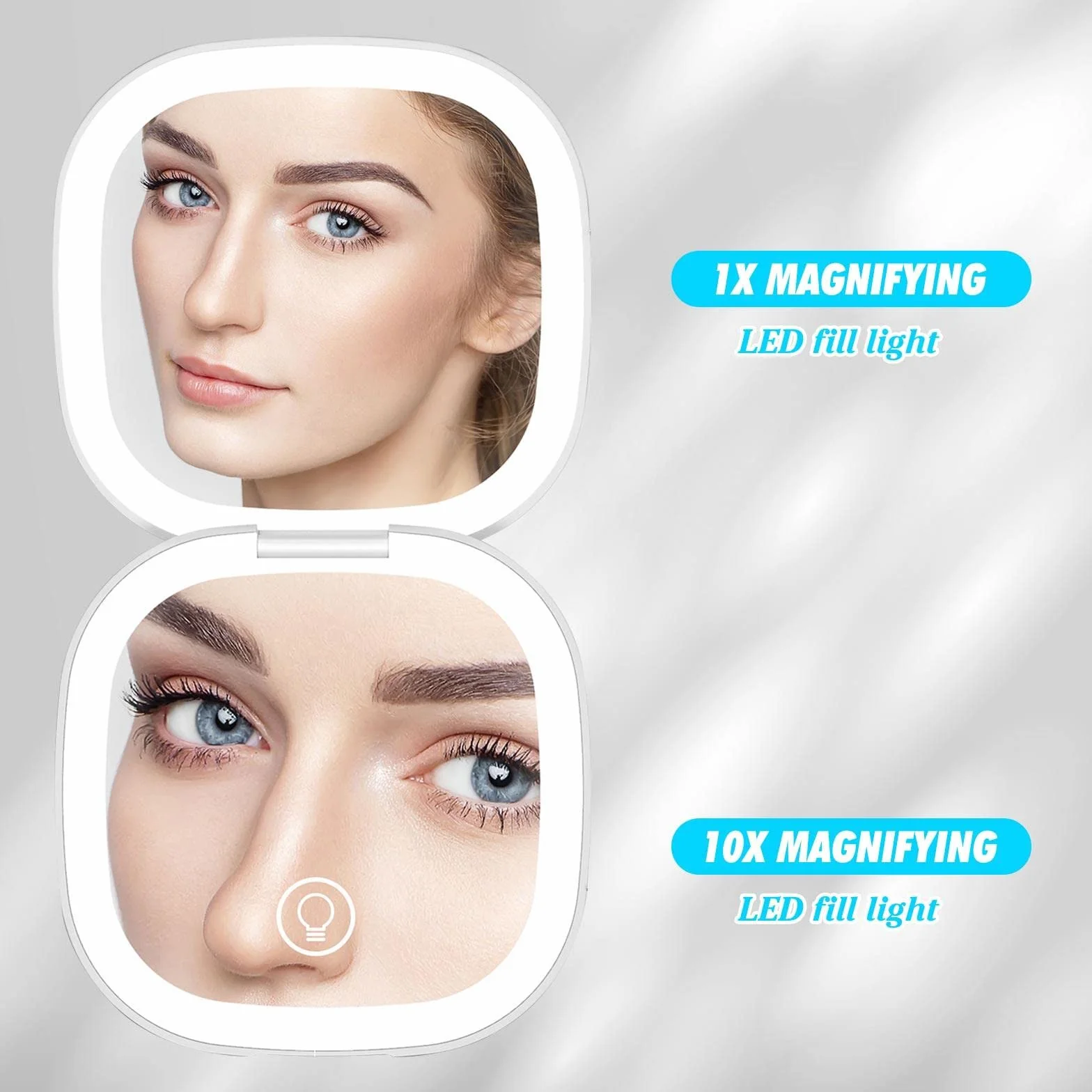 Specchio tascabile a LED con ingrandimento 1X/10X, specchio cosmetico pieghevole con luce regolabile