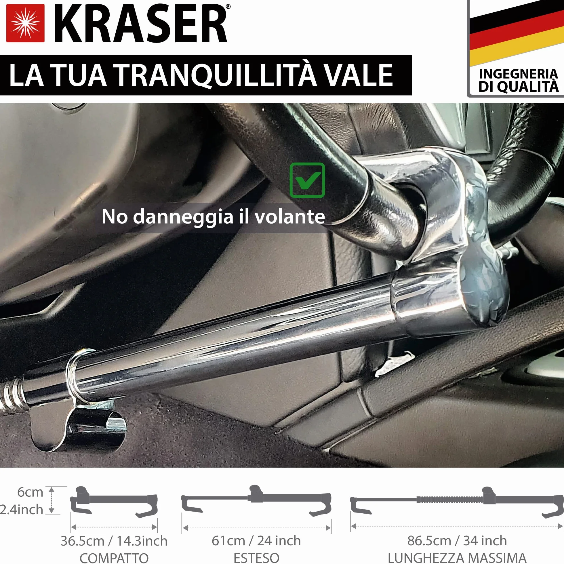 KRASER KR837 Antifurto Auto Blocca Sterzo Pedale Alta Sicurezza Compatta Gancio Telescopico