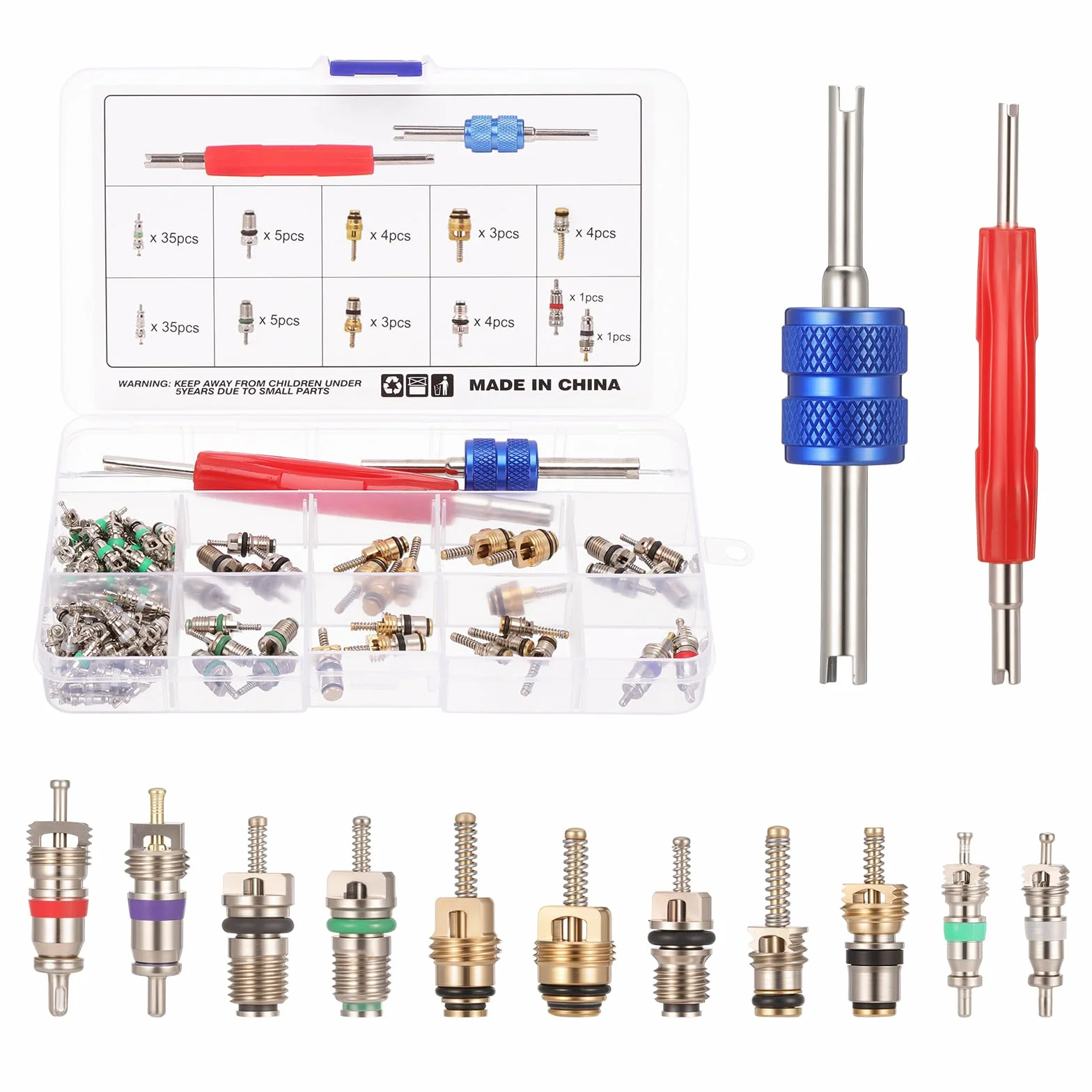 HSEAMALL 102PCS A/C Valvola Core R12 R134a Automotive Aria Condizionata Valvola Pneumatica Refrigerazione Steli Rimozione Kit