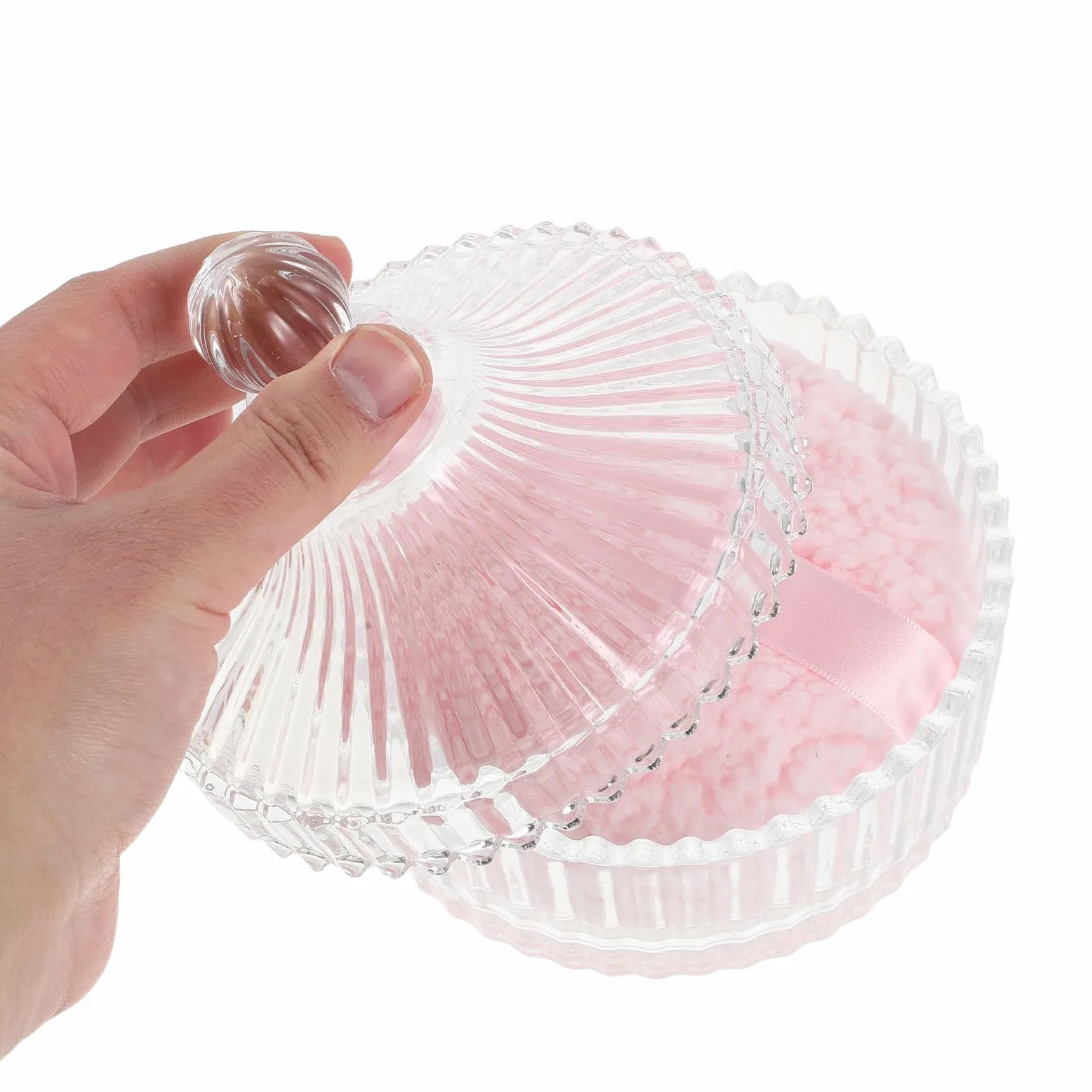 TEHAUX Piumino da Cipria Extra Grande in Peluche Rosa Barattolo di Polvere in Vetro Rotondo, Assorbe e Trattiene la Polvere, Lavabile, per Viso e Corpo