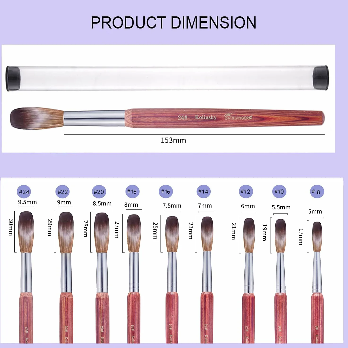 Kolinsky - Pennello per nail art in acrilico, misura 20, forma ovale, per applicazione acrilica, strumento professionale per manicure per extension e intaglio 3D, manico in legno rosso