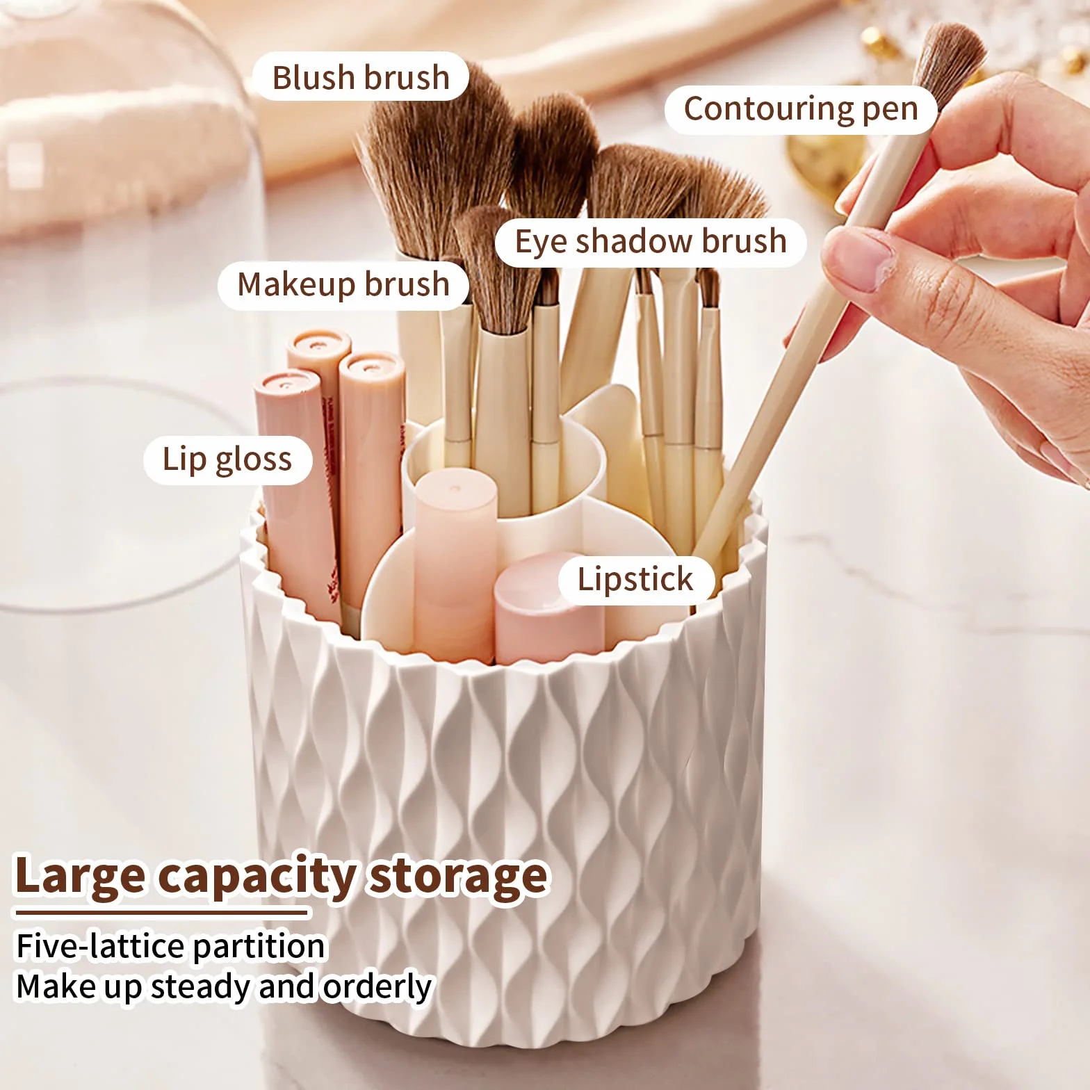 FIVAVA Porta Pennelli Make Up 360° Rotante, Organizer 5 Scomparti Coperchio Pennelli Trucco