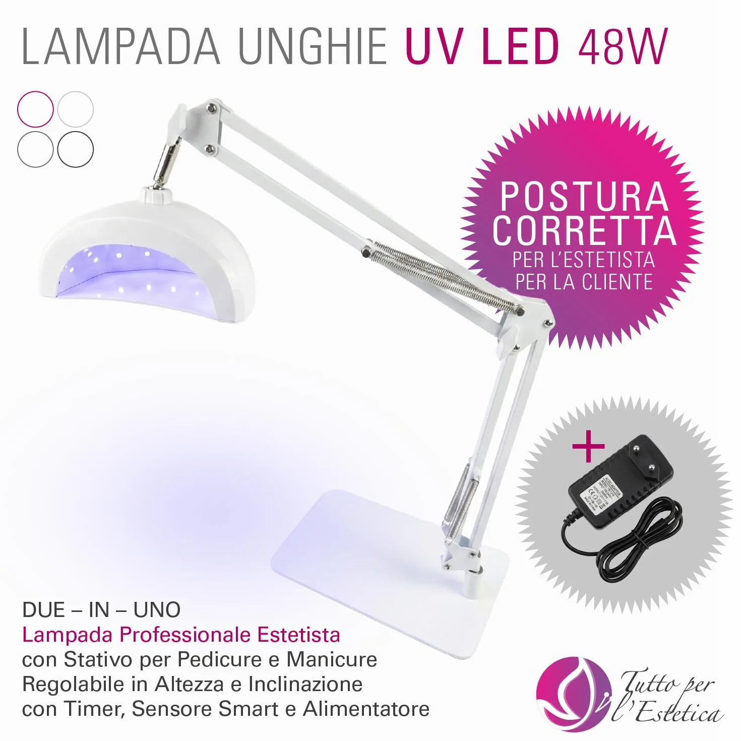 Lampada UV Led Unghie Professionali 48W con Stativo per Pedicure, Manicure ed Estetista, Regolabile e Rotante | Fornetto Unghie Semipermanente per Smalto Gel, con Attivazione Automatica