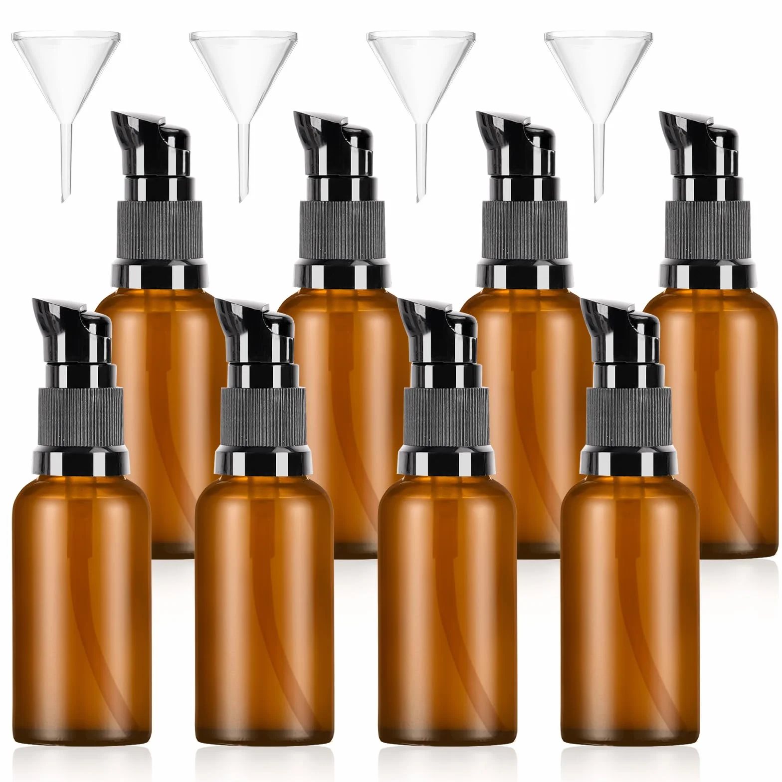 8 Pz Flaconi da Viaggio 30 ml, Bottiglie di Vetro Vuote Marroni, Dispenser Pompa in Vetro, Pompa Bottiglie da Viaggio in Aereo per Lozione Cosmetici Crema Shampoo Liquidi, con 4 Imbuti (8)
