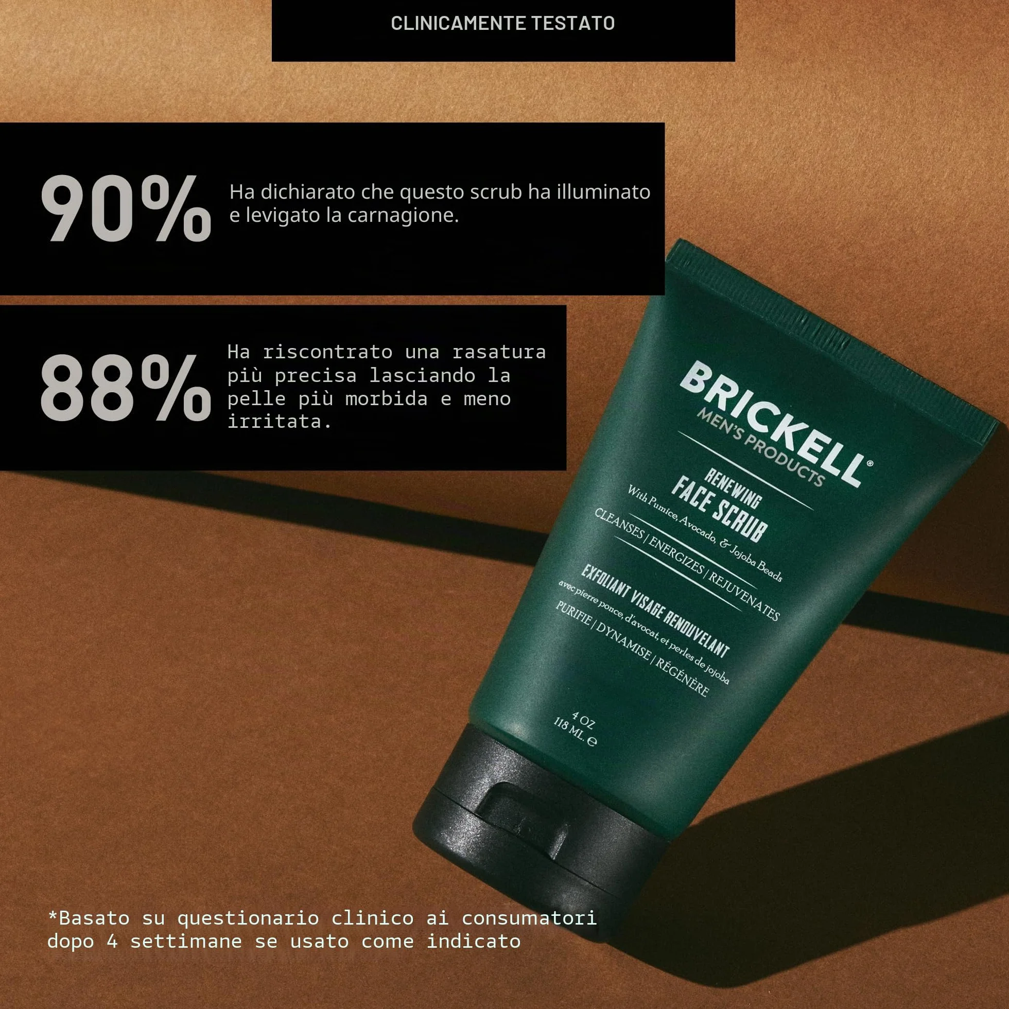 Brickell Men's Scrub Viso Rinnovatore per Uomo, Naturale e Biologico, Scrub Viso Esfoliante Formulato con Perline di Jojoba, Extra di Caffè e Pomice, 118ml, Profumato