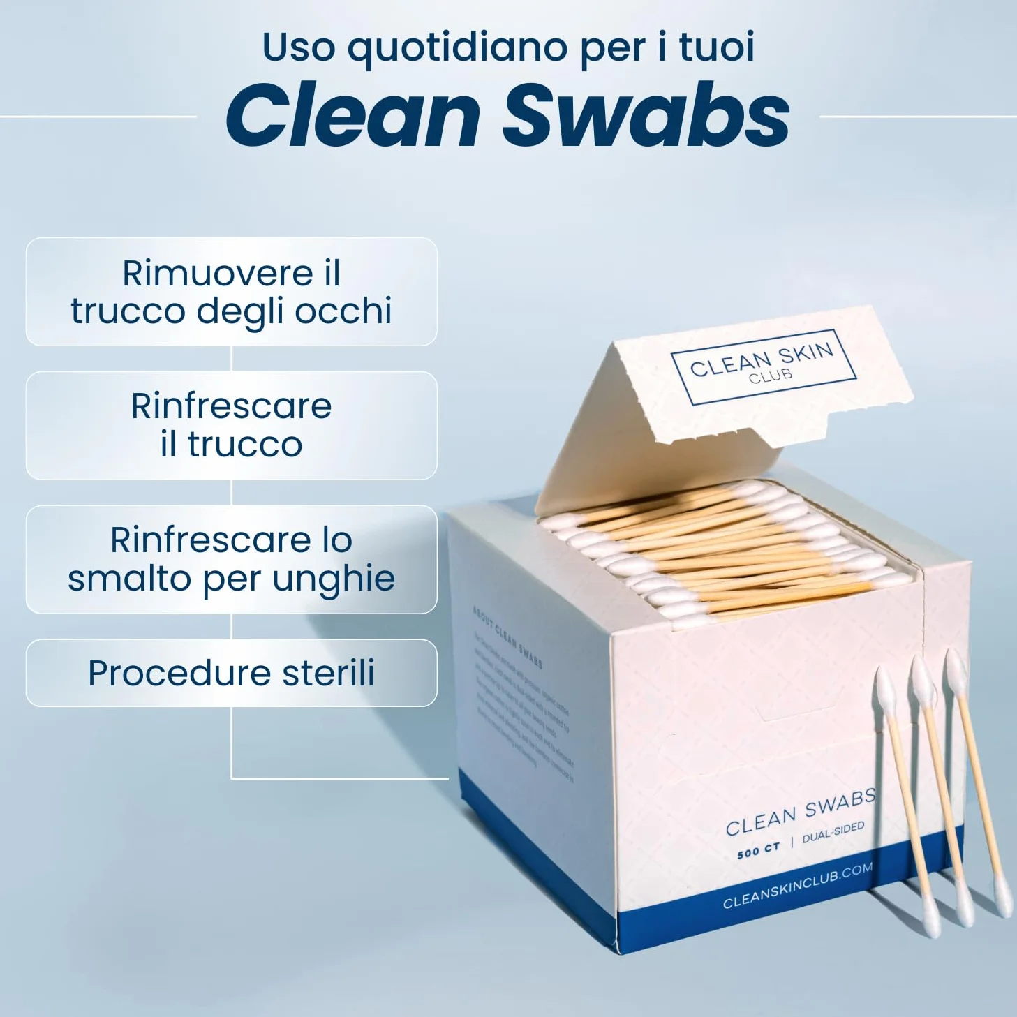 CLEAN SKIN CLUB Tamponi puliti | 500CT | Una punta a punta | Biodegradabile + cotone biologico e bambù | Ritocchi trucco e smalto | Senza cloro e ipoallergenico