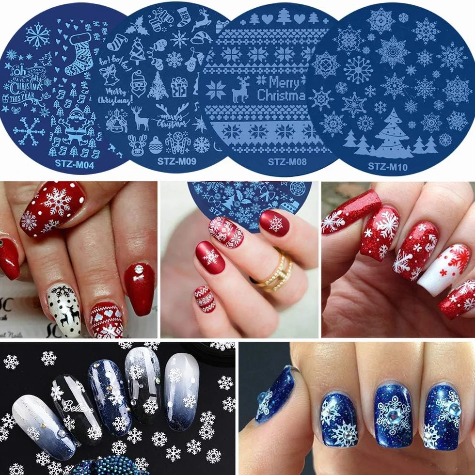 EBANKU 10 Pezzi Set di Nail Art Stamping Stampini, Nail Art Template Stencil Kit Fiocco di Neve Piatti per Timbri per Unghie per Donna Ragazze Decorazione Unghie Natalizie (A)