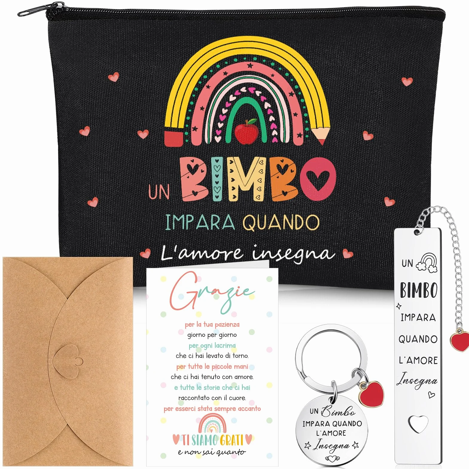 Xuniea Regalo Maestre Pochette Multiuso Fine Anno Idee Regalo Insegnanti per Insegnante Grazie Maestra Portachiavi Segnalibri Borsa per Cosmetici per la Festa dell'Insegnante