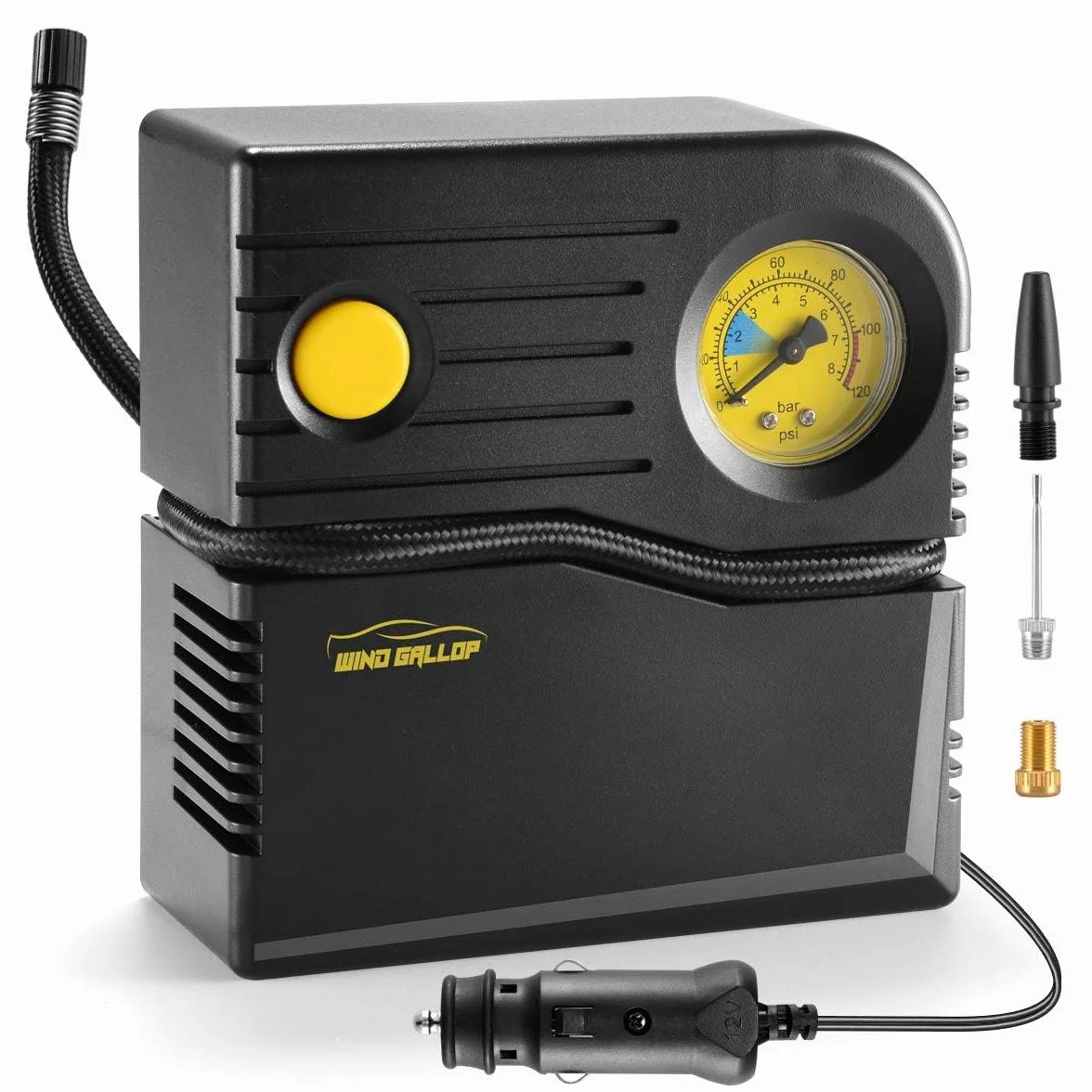 WindGallop Mini Compressore Aria Portatile 12V Professionale Gonfiatore Analogico per Pneumatici Auto con Manometro Giallo