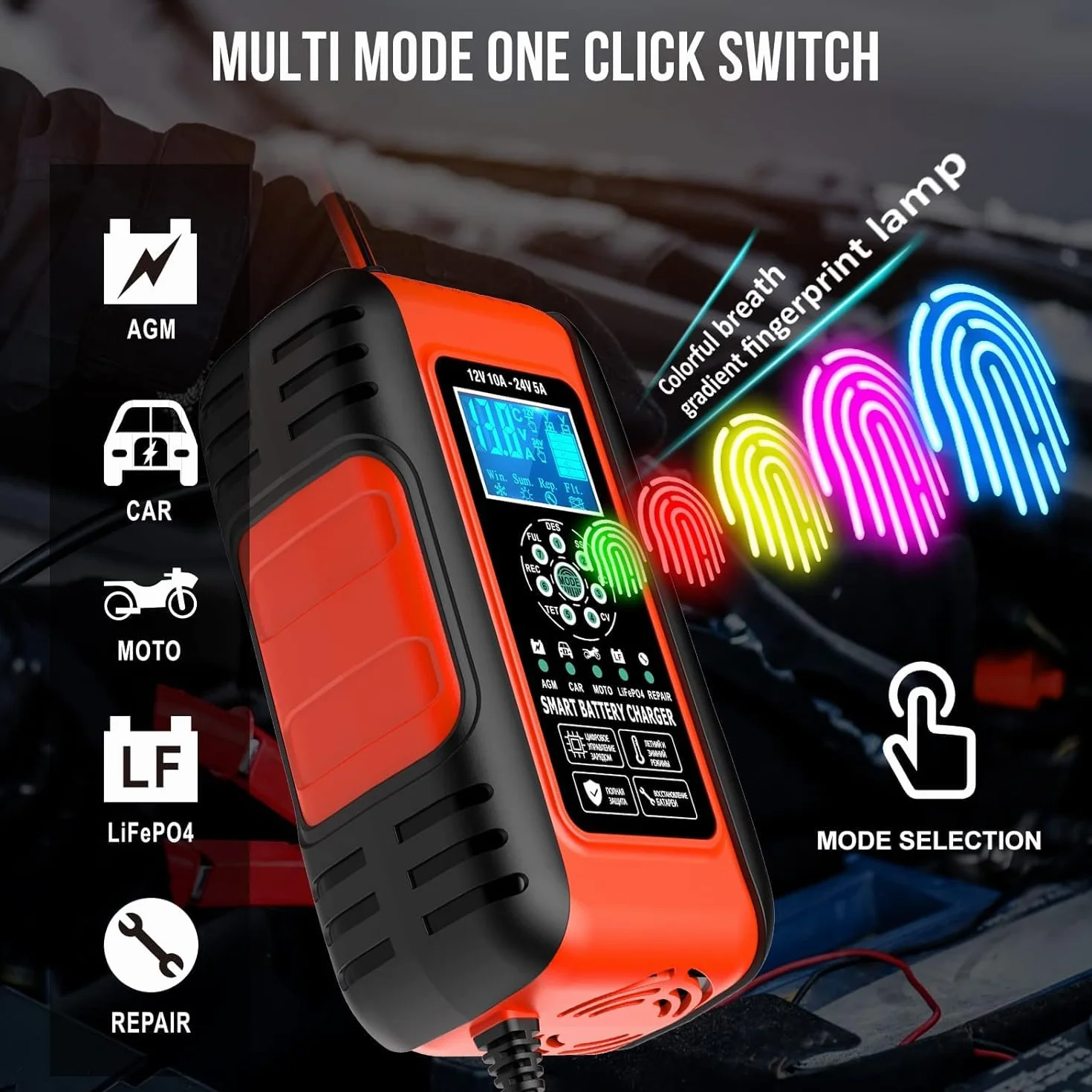Caricabatteria da Auto 12V10A 24V5A, Intelligente Schermo LCD Carica Batteria Moto, AGM, LiFePO4