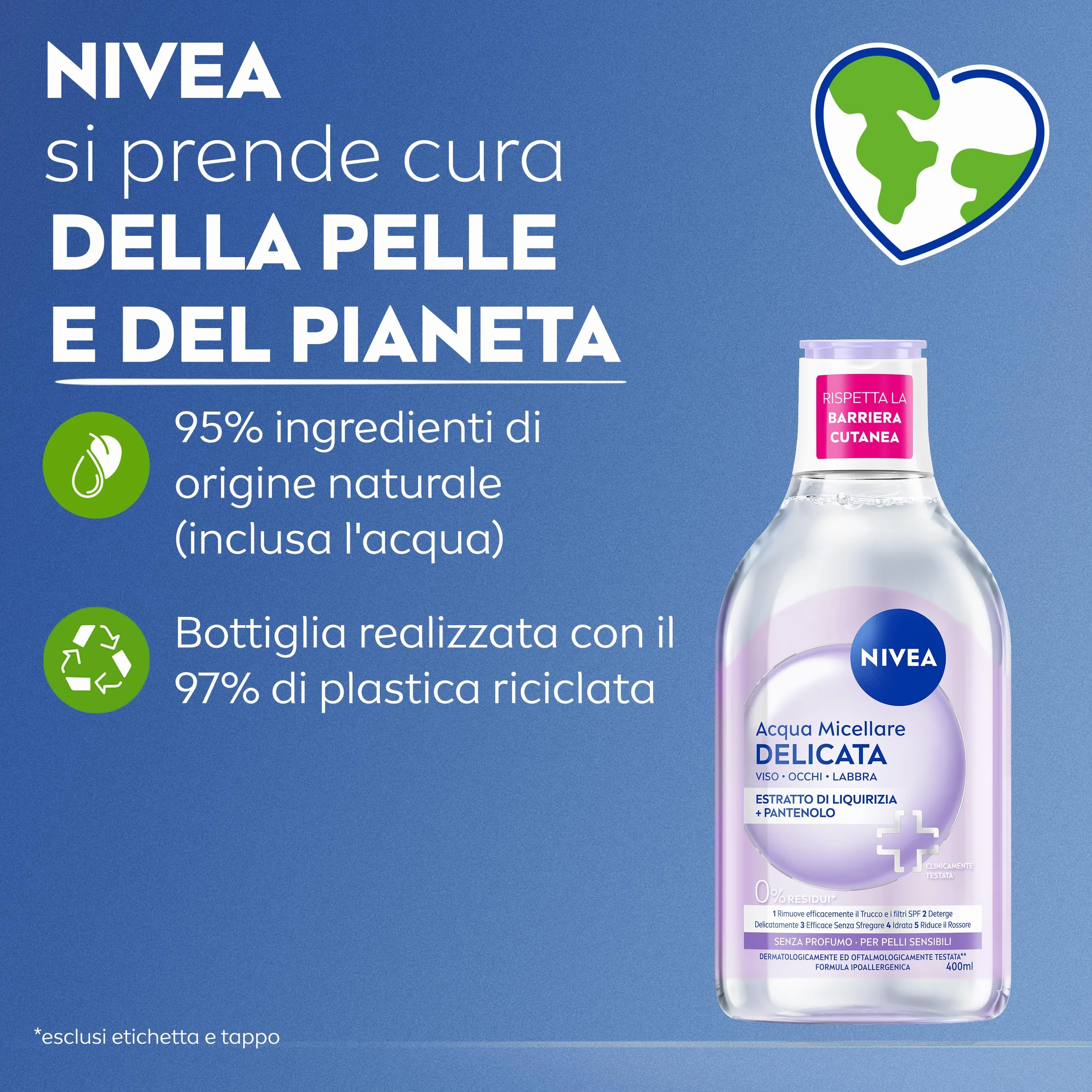 NIVEA Acqua Micellare Delicata 400 ml, Struccante viso occhi labbra, Detergente pelle sensibile