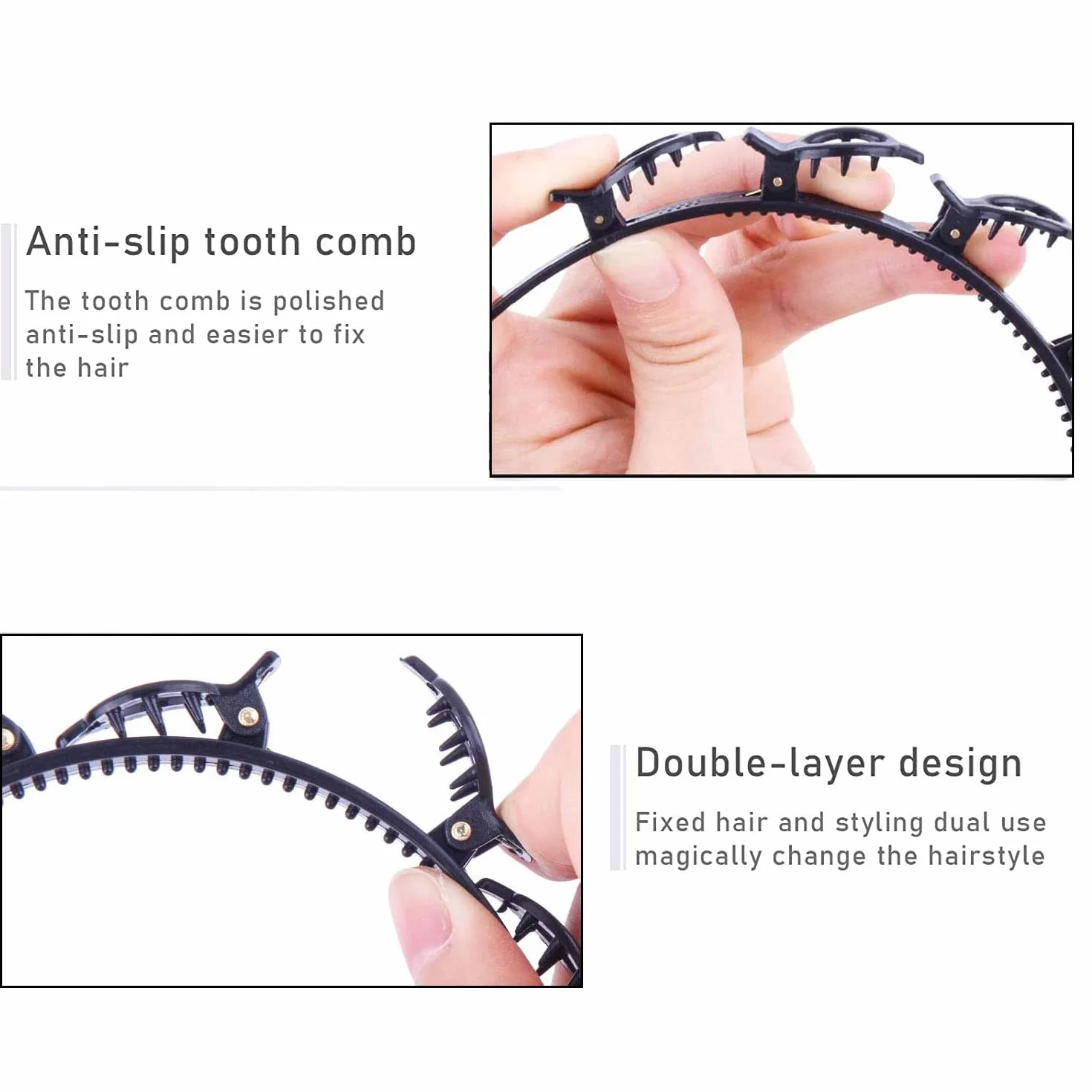 Fascia per capelli a doppio strato nera con clip per donne
