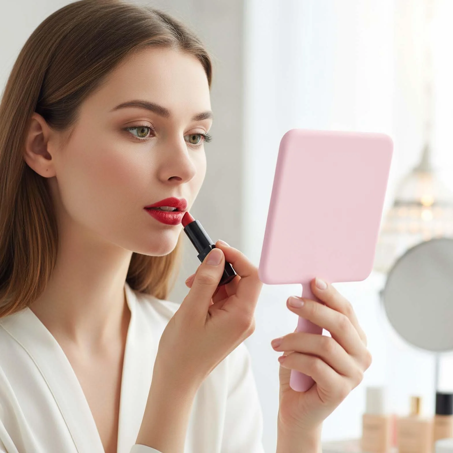Naapesi Specchio a Mano,Specchio Trucco Portatile con Manico,Specchio Cosmetico Quadrato,Specchietto Dentista,Specchio Barbiere con Comoda Maniglia,Perfetto per Radersi o Applicare il Trucco (Rosa)