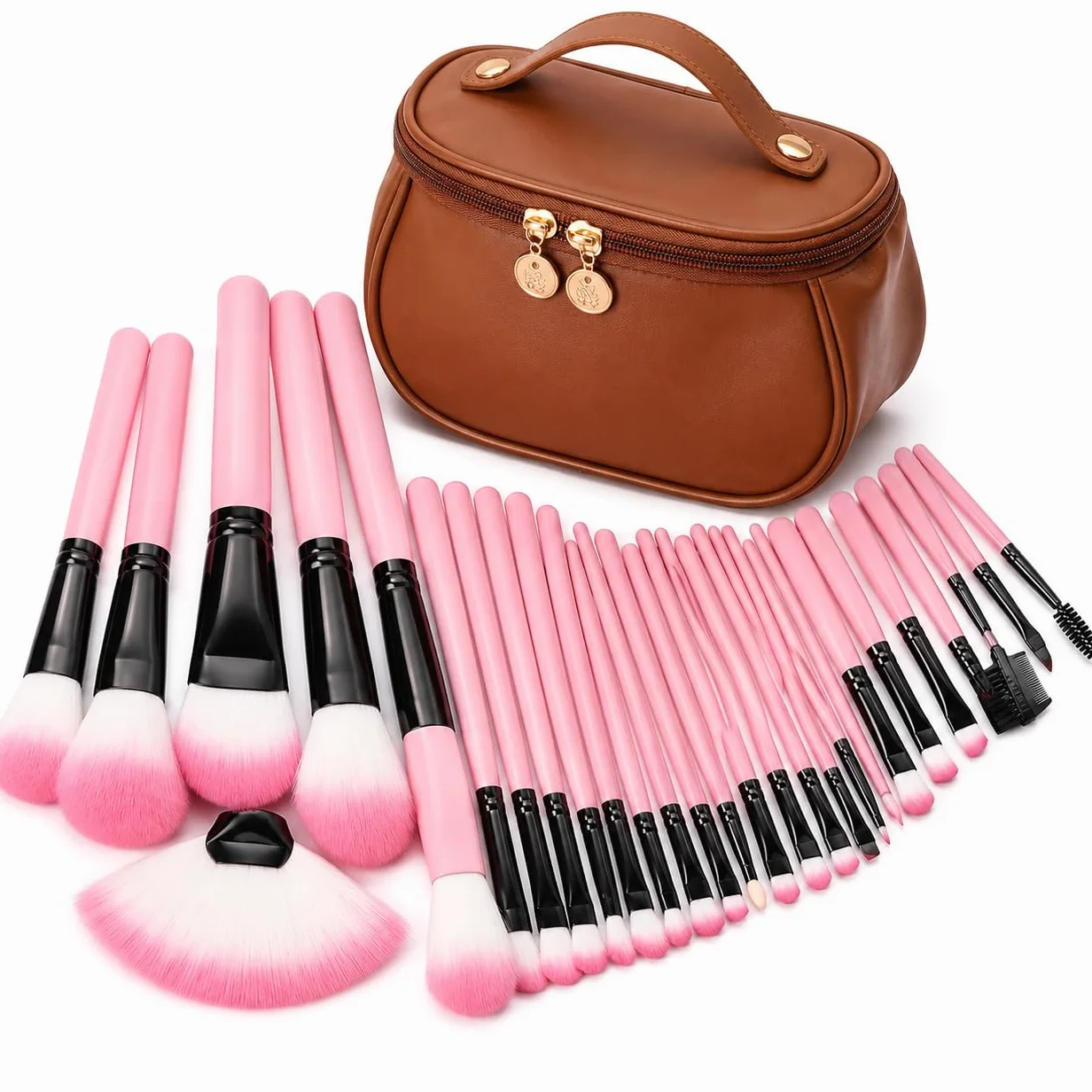 Set di 24 pennelli da trucco professionali con custodia da viaggio in pelle PU di alta qualità, morbide setole vegane, kit di pennelli per trucco viso e occhi, per donne e ragazze, borsa compatta