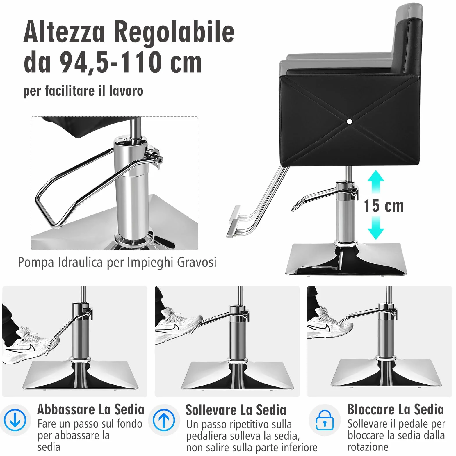 COSTWAY Poltrona da Parrucchiere, Poltrona da Barbiere con Altezza Regolabile, Sedia da Barbiere Girevole a 360°, con Pompa Idraulica Pesante, per Parrucchiere, Portata 150 kg (Nero)