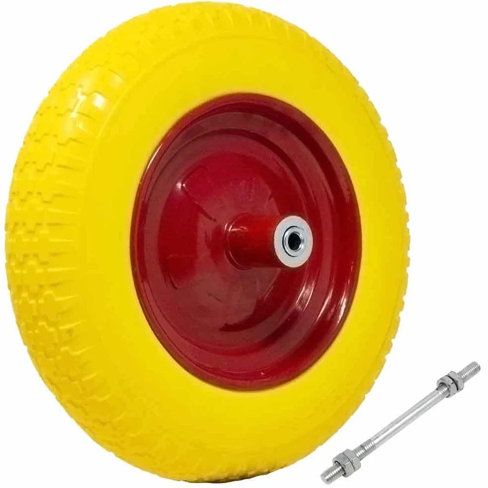 Bakaji Ruota Piena in Poliuretano Giallo Antiforatura per Carriola 35x9cm 3.50-8 Cerchio Acciaio Asse 210mm