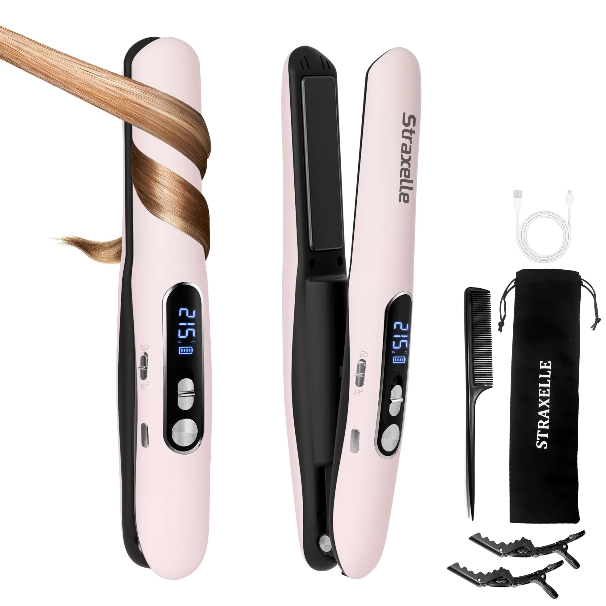Mini Piastra da Viaggio per Capelli Senza Fili, 2 in 1 Piastra Capelli Senza Fili e Arricciacapelli, 175℃-215℃ Piastre per Capelli Corti per Donne/Uomini, 5000mAh Cordless Hair Straightener
