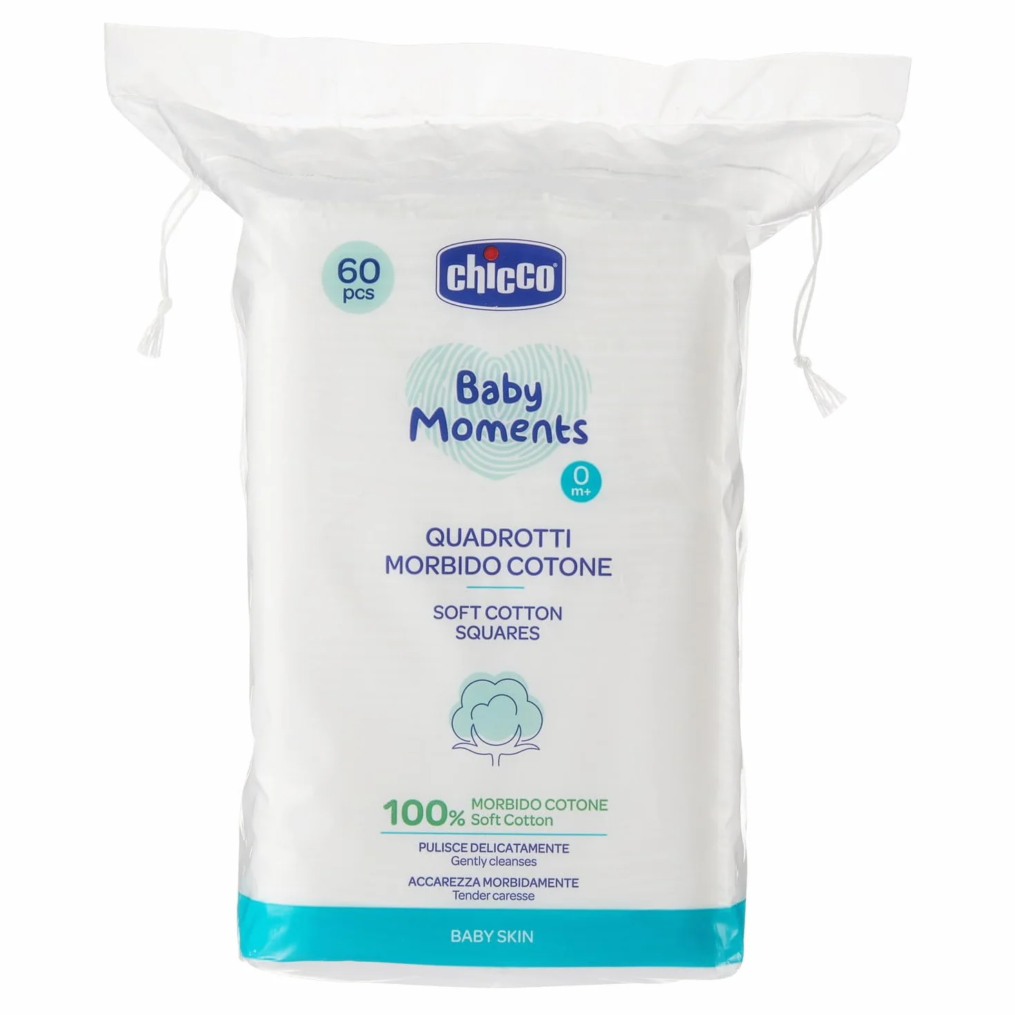 Chicco Baby Moments Quadrotti Morbido Cotone Pulisce Delicatamente Baby Skin Bianco 60 Pezzi 0+ Mesi