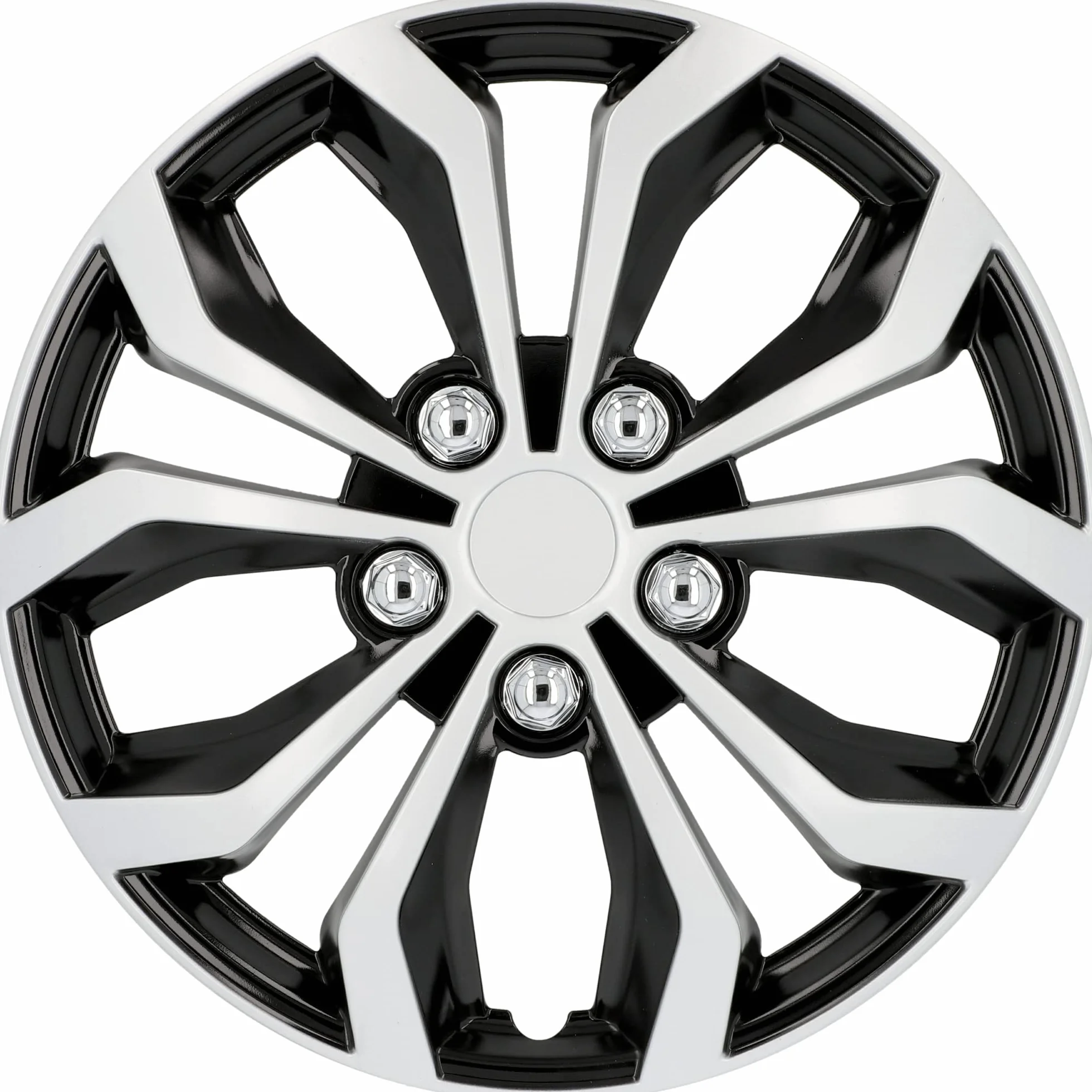 Cartrend 75568 Daytona - Coprimozzi per ruote auto, Fissaggio a 6 piedi con anello, Nero/ Argento, 15" (38.1 cm), Set di 4