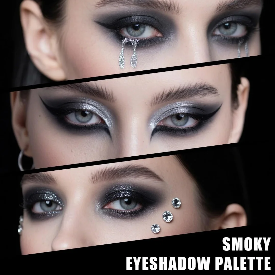 Palette di Ombretti Smokey, 9 Colori Halloween Trucco Ombretto Occhi Goth Nero Argento Grigio, Eyeshadow Scuri a Lunga Durata,Set di Trucchi per Ragazze, Kit Regalo per Spettacoli Teatrali Halloween