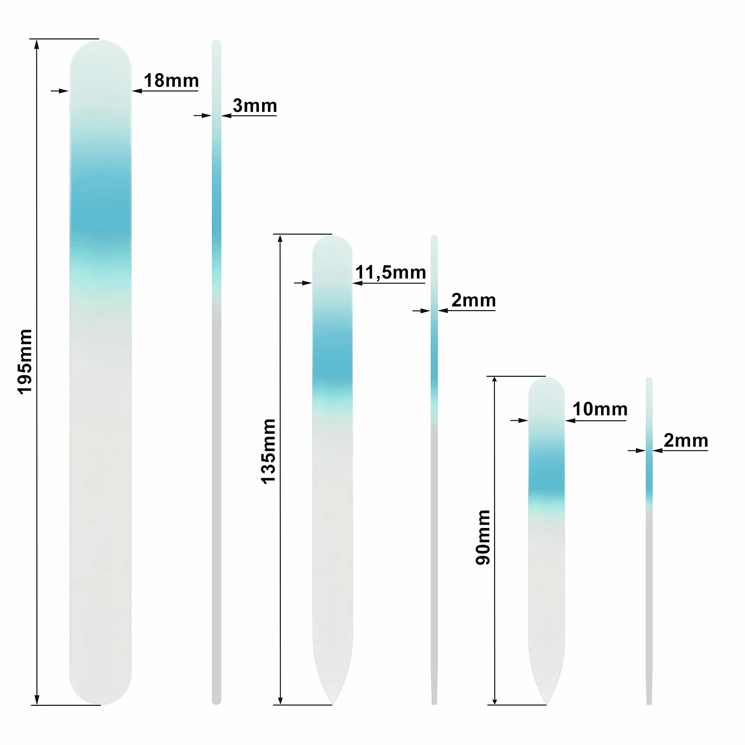Mont Bleu Set di 3 lima per unghie in vetro colorato in sacchetto di nero - grande dimensioni - vero cristallo di Boemia temperato - Fatto a mano in Repubblica Ceca