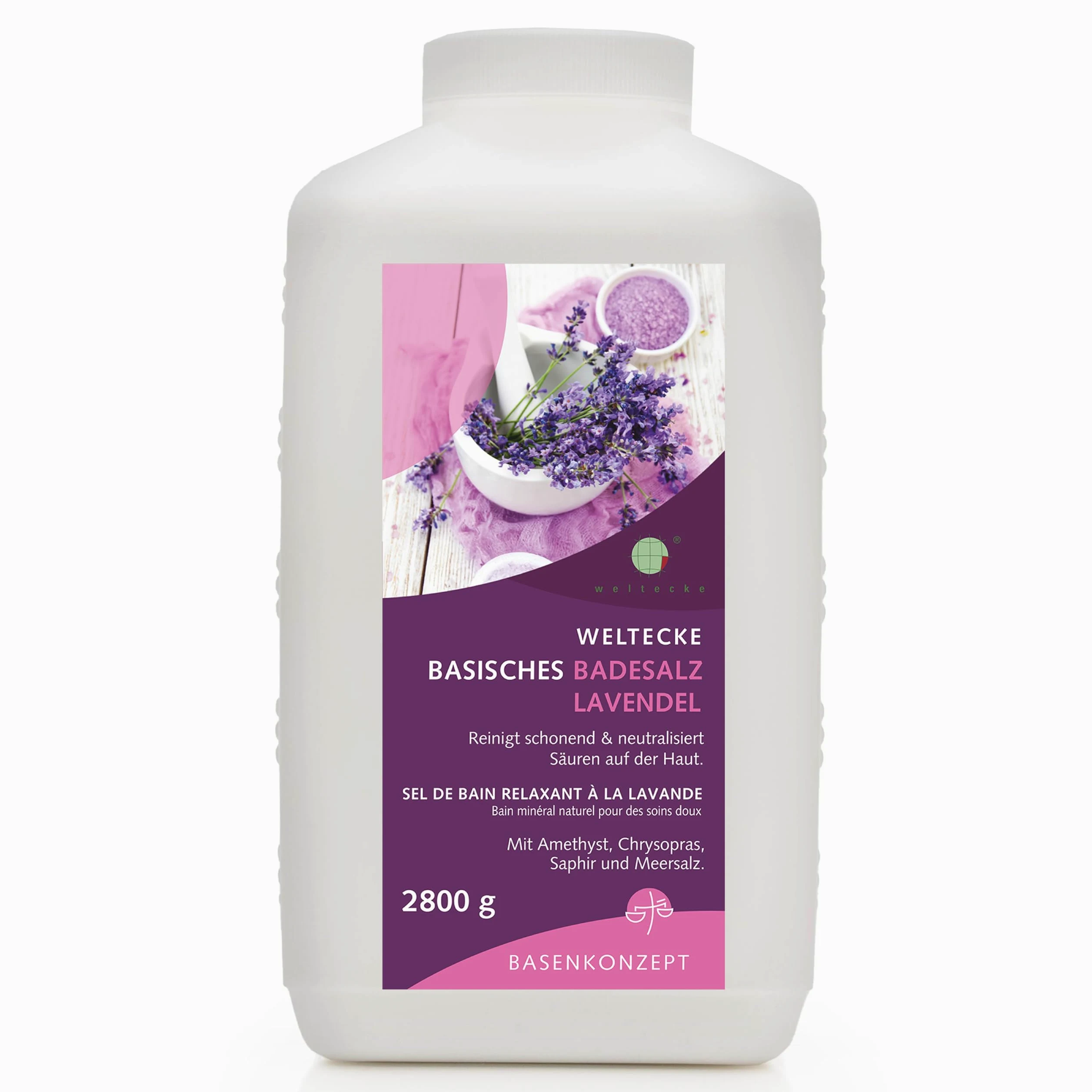 Weltecke Sale da bagno basico lavanda, 2.800 g, rilassante, con profumo naturale di lavanda, 100% vegano, benessere per la pelle, favorisce la disintossicazione e l'equilibrio della pelle, bagno