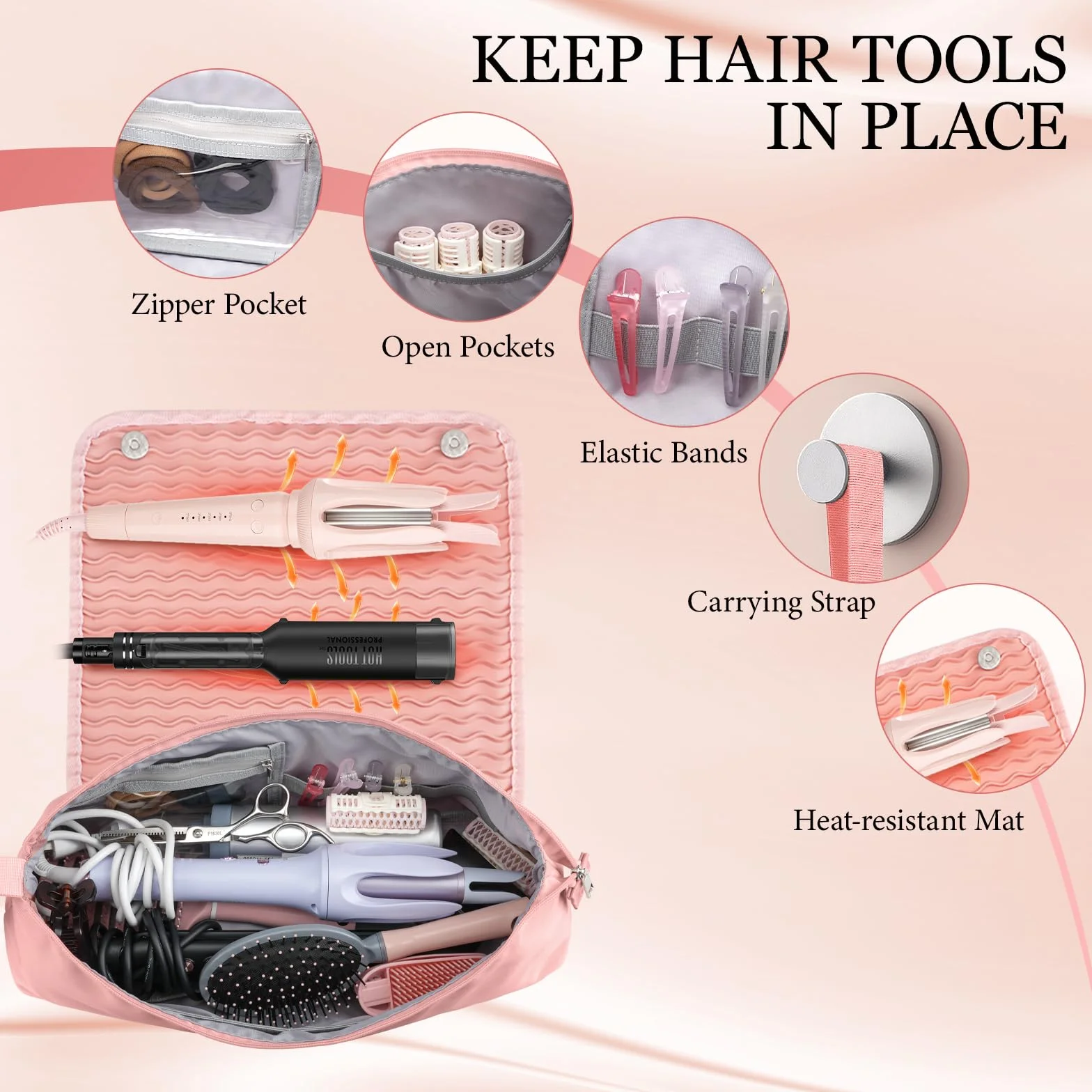 Dadanism Kit per Parrucchieri, Borsa da Viaggio per Strumenti per Capelli con Tappetino Termoresistente Rimovibile, Organizzatore 2 in 1 per Arricciacapelli, Piastra e Accessori da Donna, Rosa